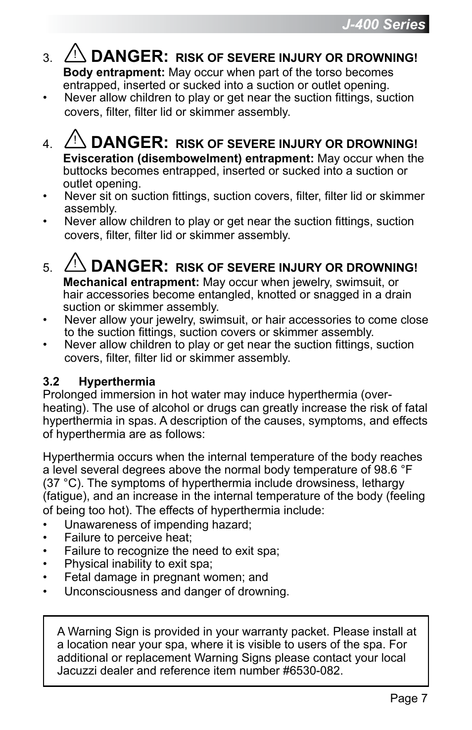 2 hyperthermia, Hyperthermia, Danger | Jacuzzi J - 470 User Manual | Page 13 / 104
