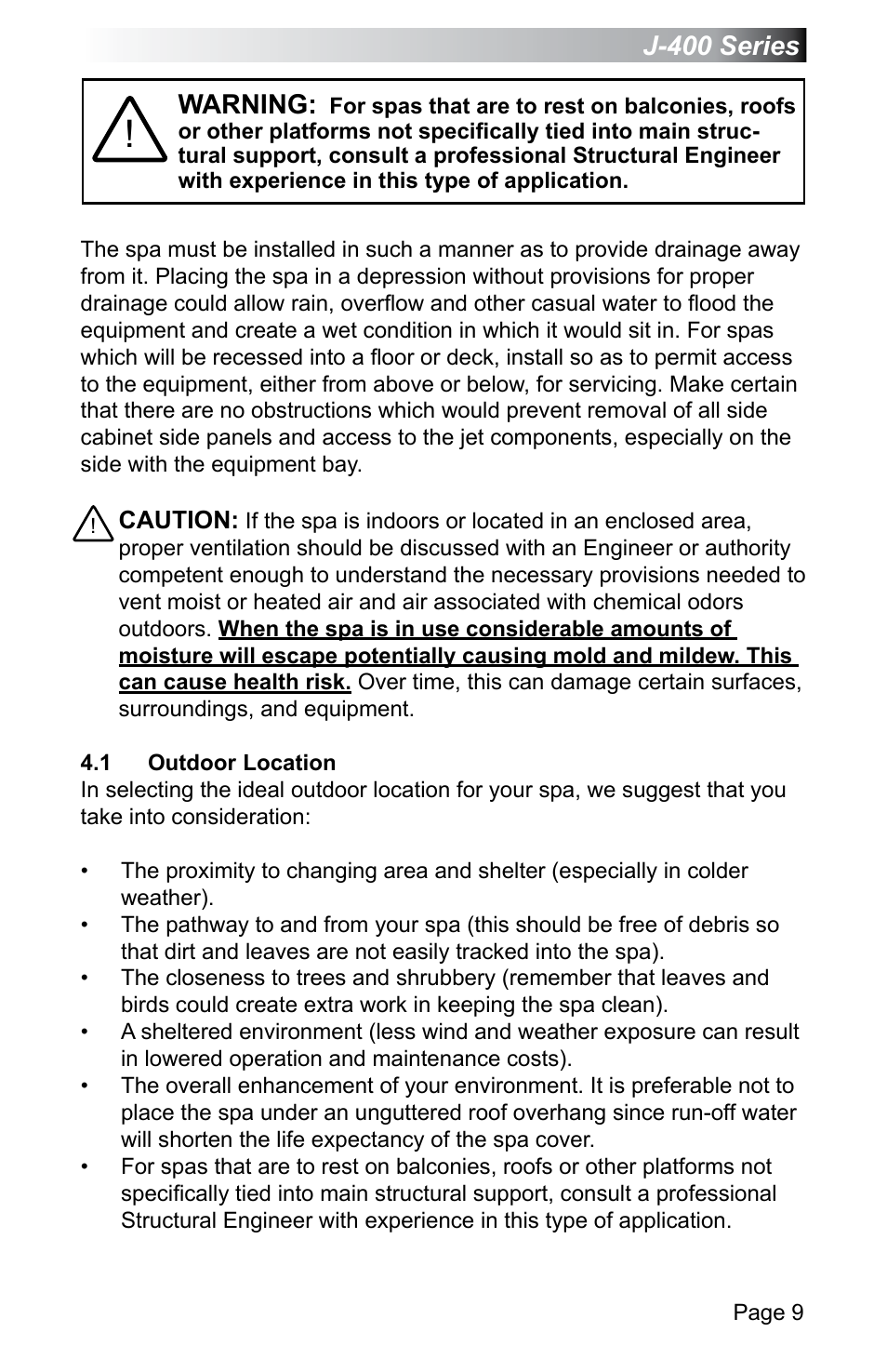 1 outdoor location, Outdoor location | Jacuzzi J - 470 User Manual | Page 15 / 104