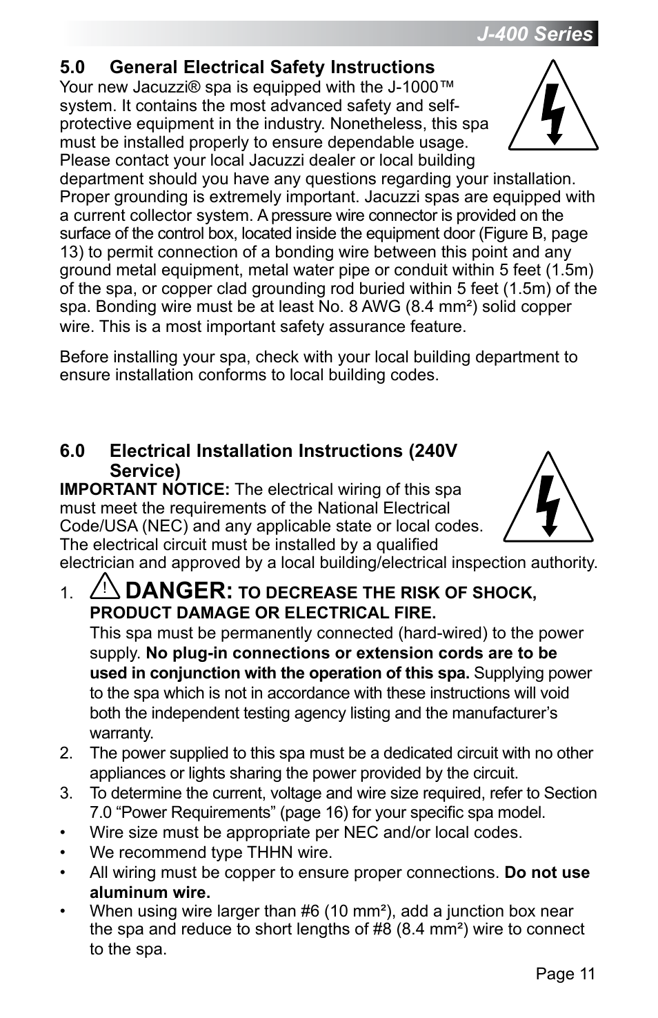 0 general electrical safety instructions, General electrical safety instructions, Danger | J-400 series | Jacuzzi J - 470 User Manual | Page 17 / 104
