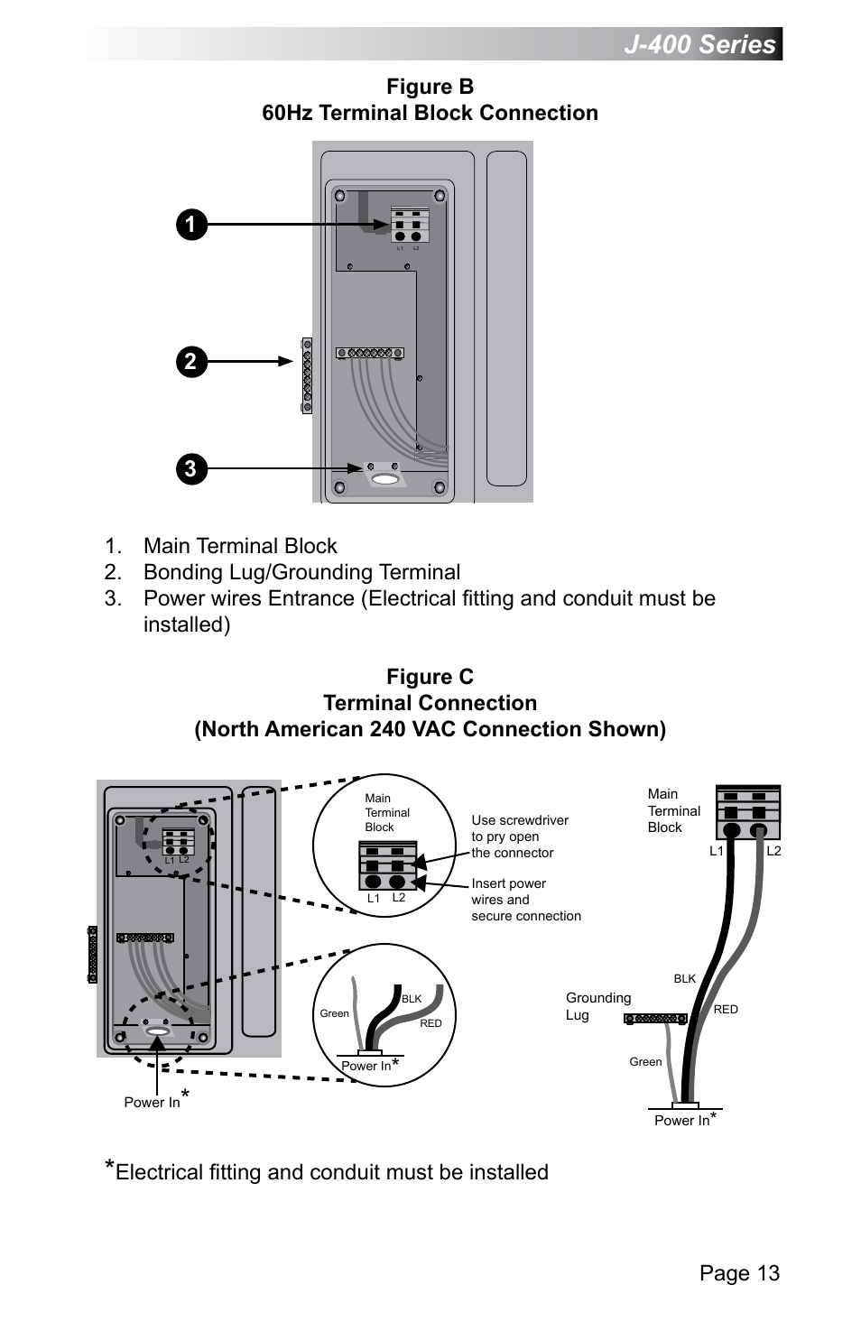 J-400 series, Page 13, Figure b 60hz terminal block connection | Electrical fitting and conduit must be installed | Jacuzzi J - 470 User Manual | Page 19 / 104