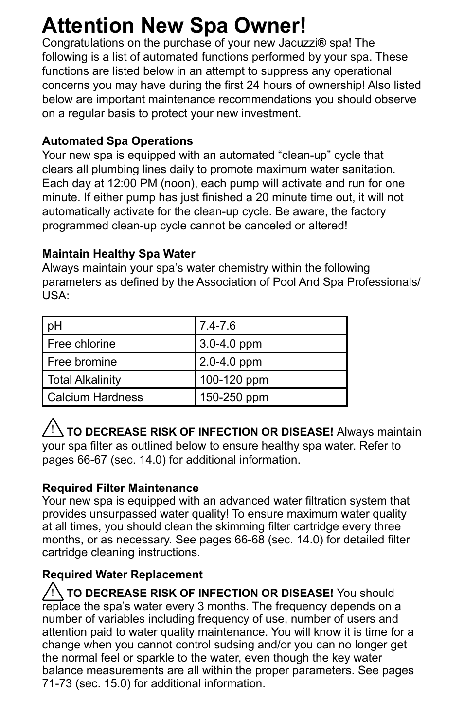Attention new spa owner | Jacuzzi J - 470 User Manual | Page 2 / 104