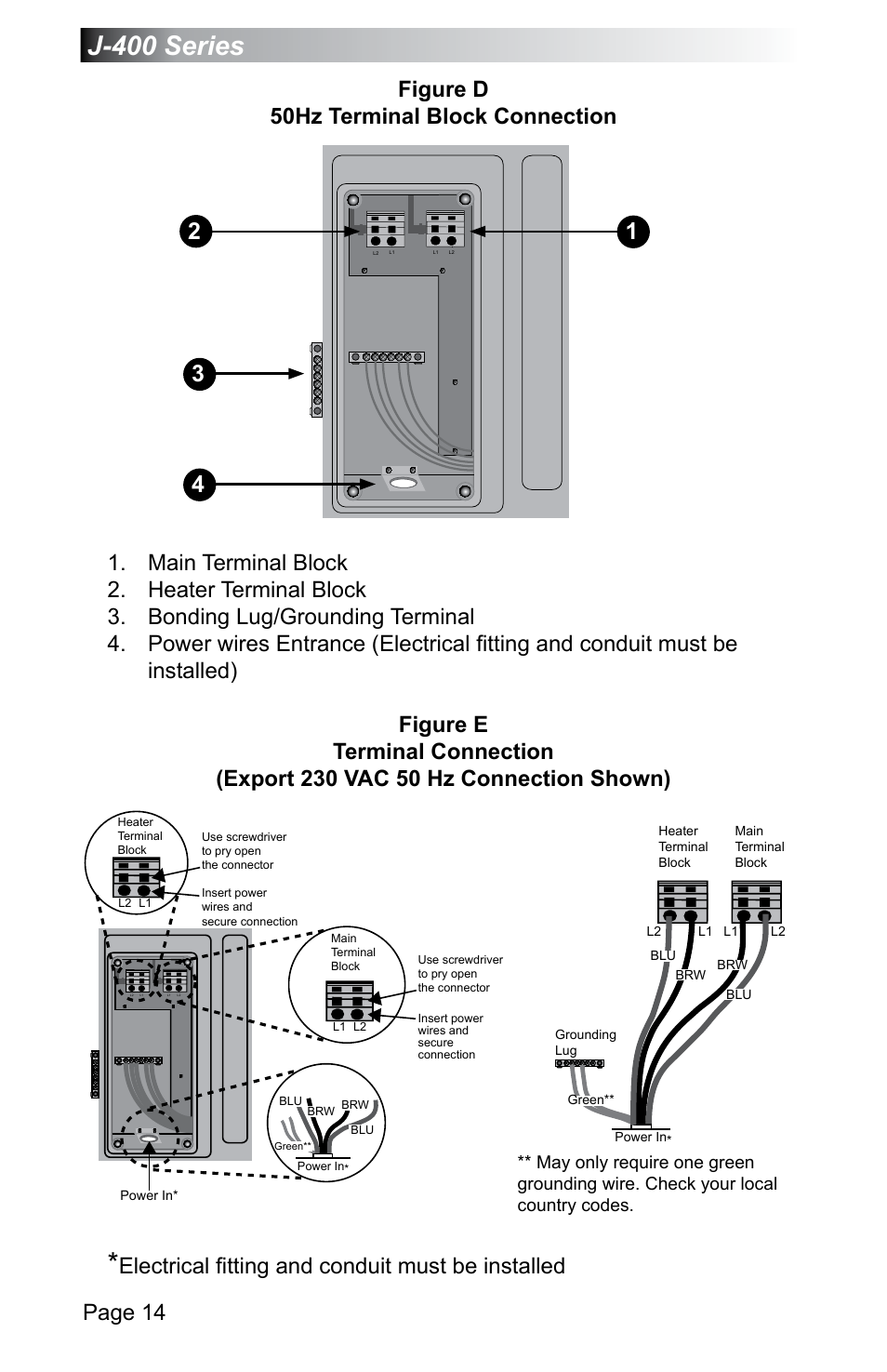 J-400 series, Page 14, Figure d 50hz terminal block connection | Electrical fitting and conduit must be installed | Jacuzzi J - 470 User Manual | Page 20 / 104