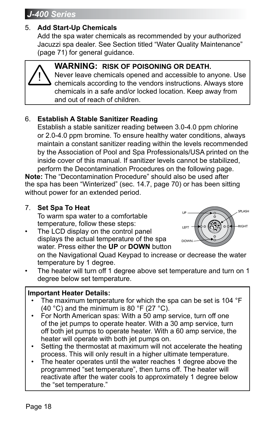 J-400 series, Warning | Jacuzzi J - 470 User Manual | Page 24 / 104