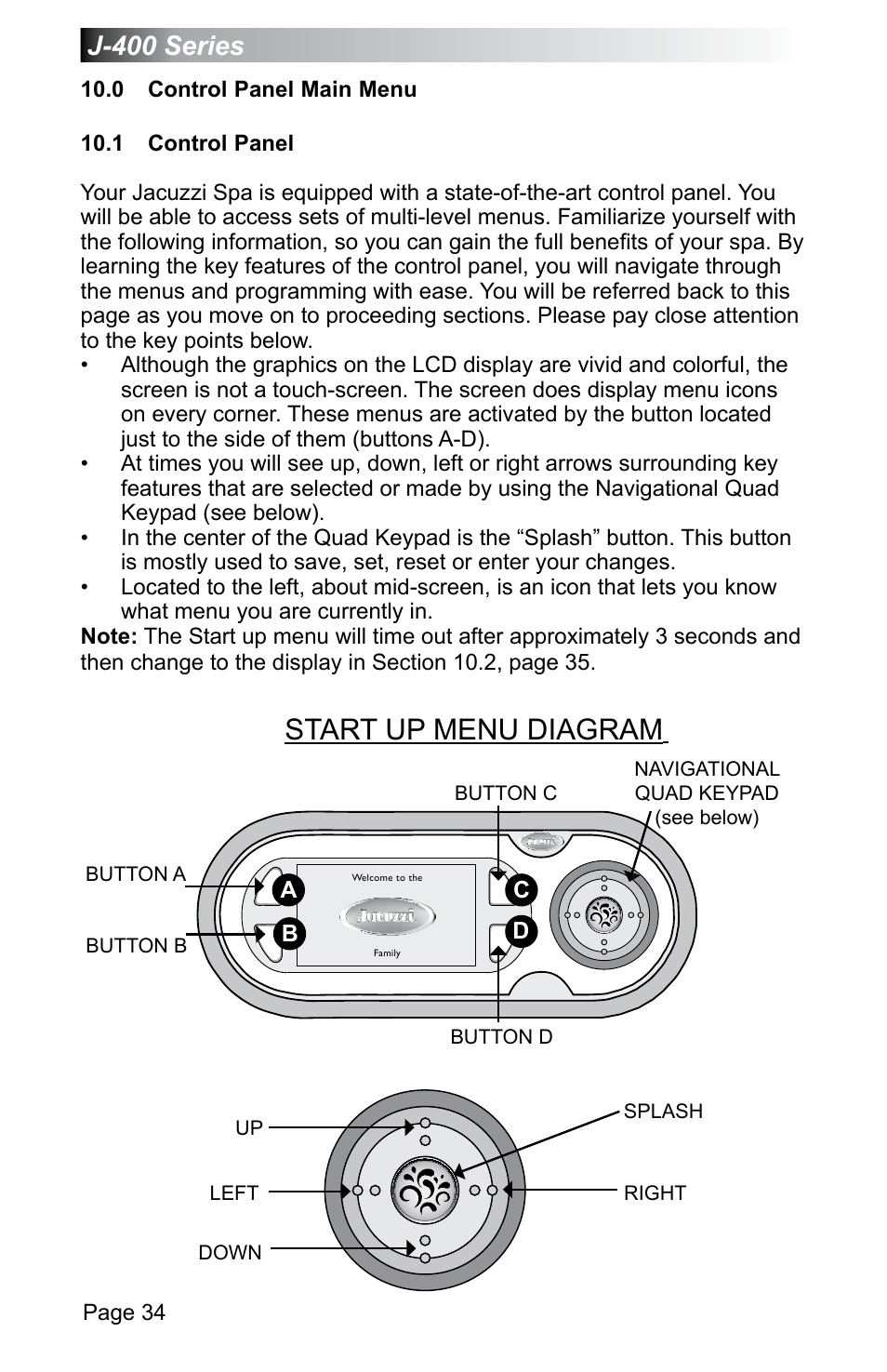 0 control panel main menu, 1 control panel, 0 control panel main menu 10.1 control panel | Start up menu diagram, J-400 series | Jacuzzi J - 470 User Manual | Page 40 / 104