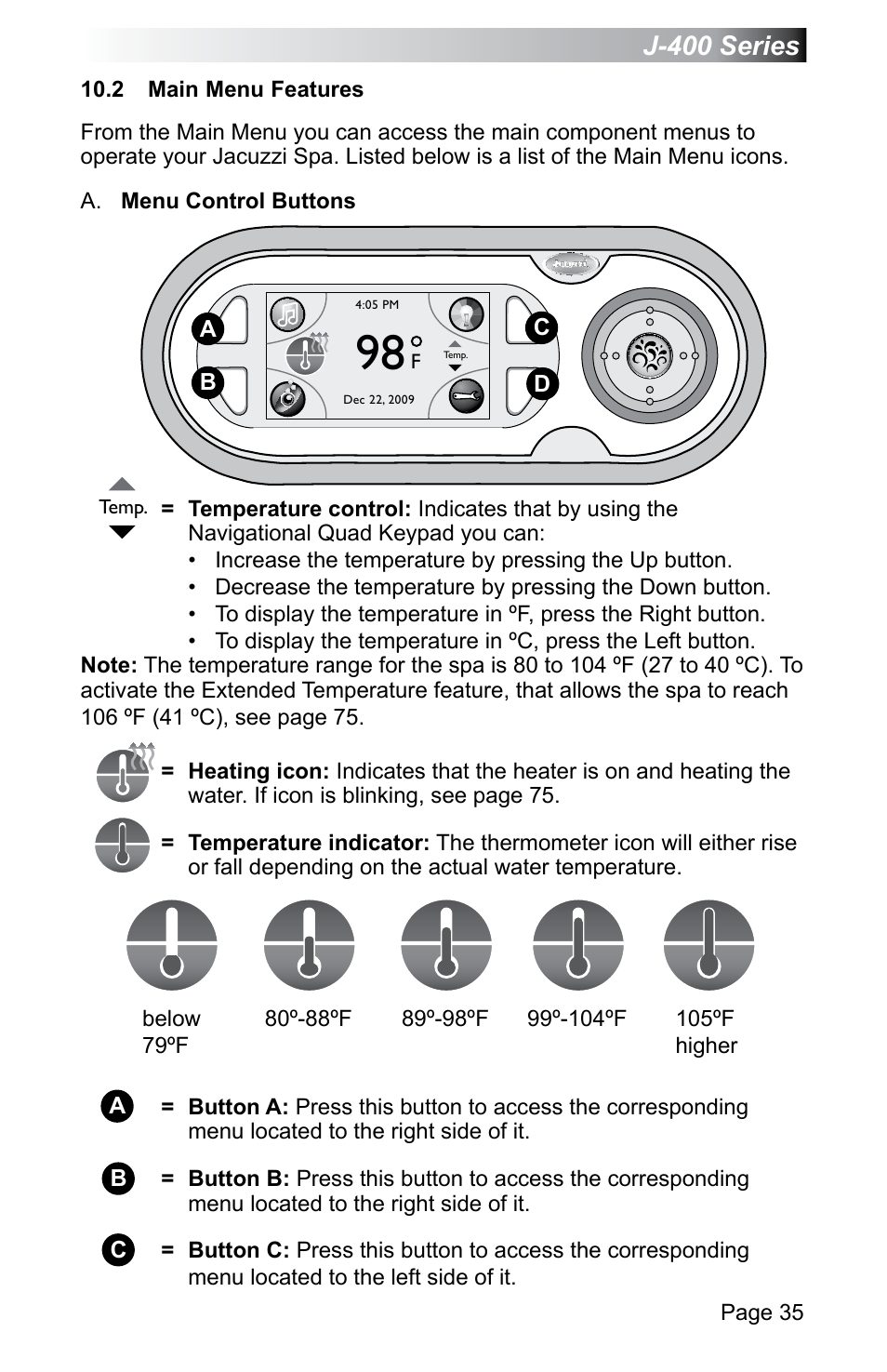 2 main menu features, J-400 series | Jacuzzi J - 470 User Manual | Page 41 / 104