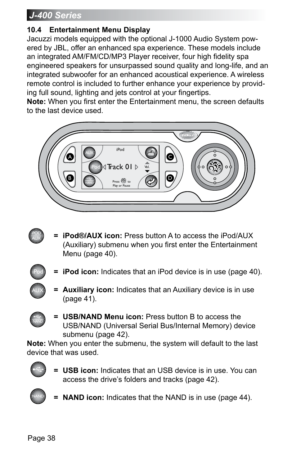 4 entertainment menu display, J-400 series, Page 38 | Track 01 | Jacuzzi J - 470 User Manual | Page 44 / 104