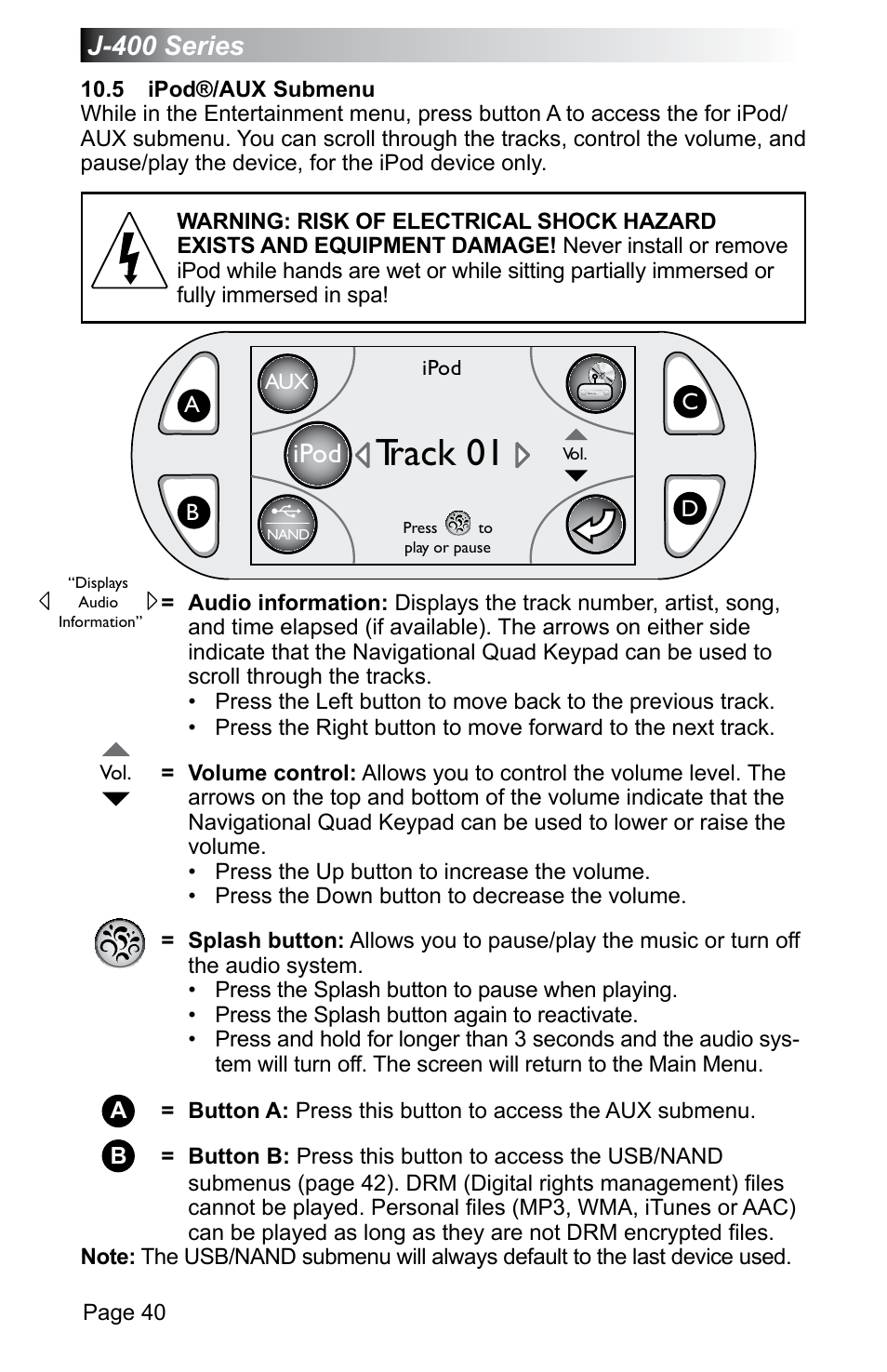 5 ipod®/aux submenu, Track 01, Ipod | J-400 series | Jacuzzi J - 470 User Manual | Page 46 / 104