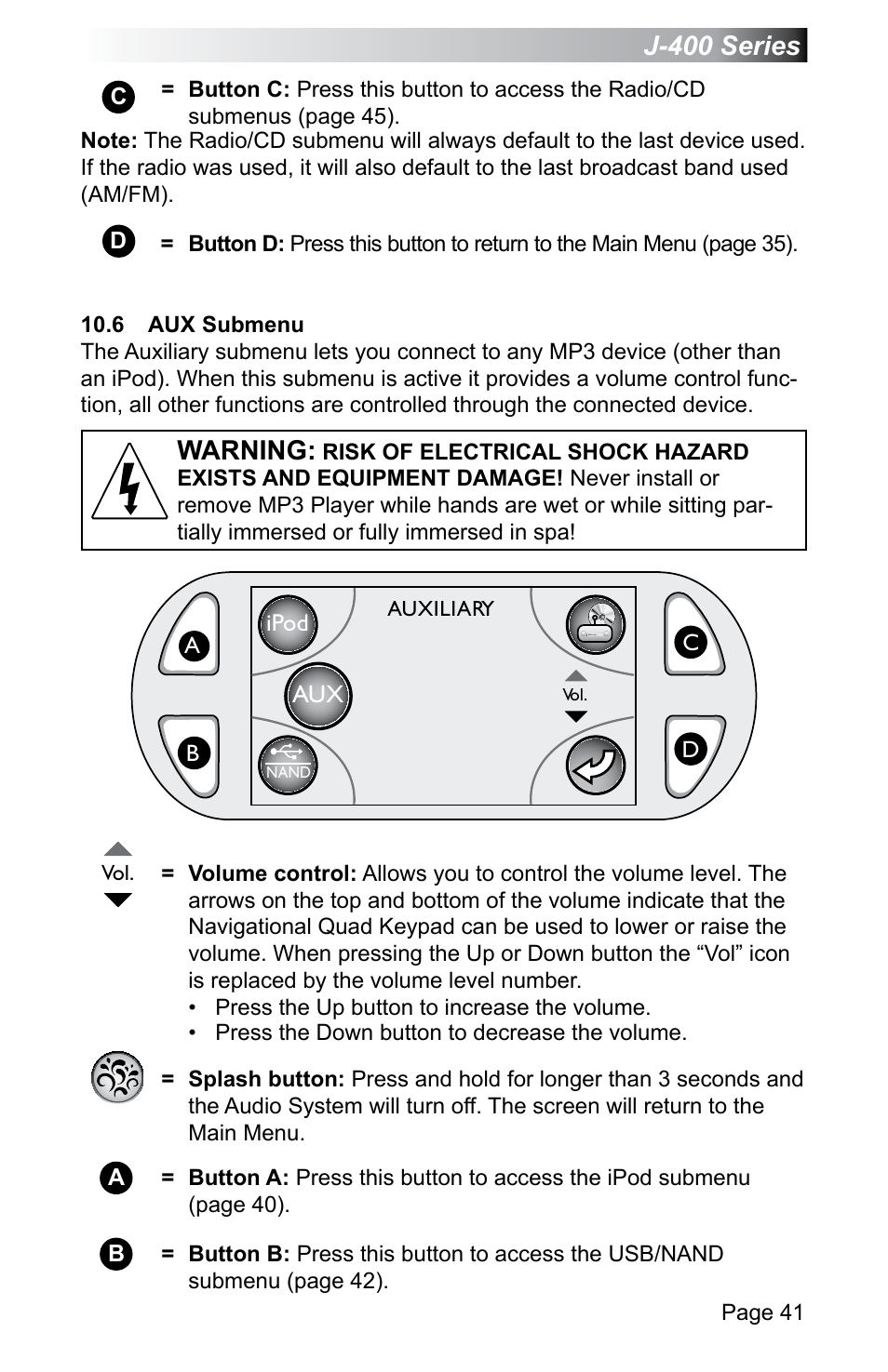 6 aux submenu, J-400 series, Warning | Jacuzzi J - 470 User Manual | Page 47 / 104