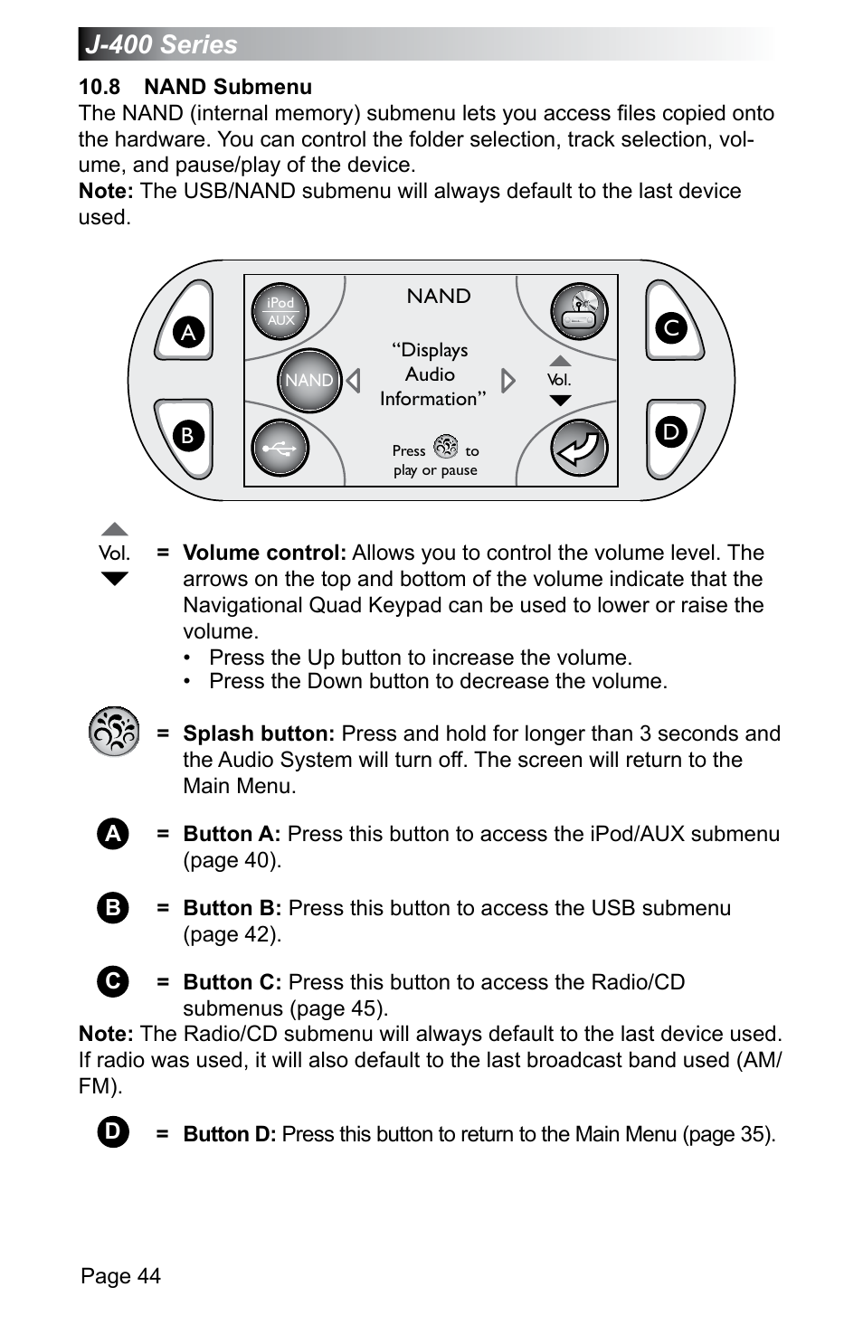 8 nand submenu, J-400 series | Jacuzzi J - 470 User Manual | Page 50 / 104