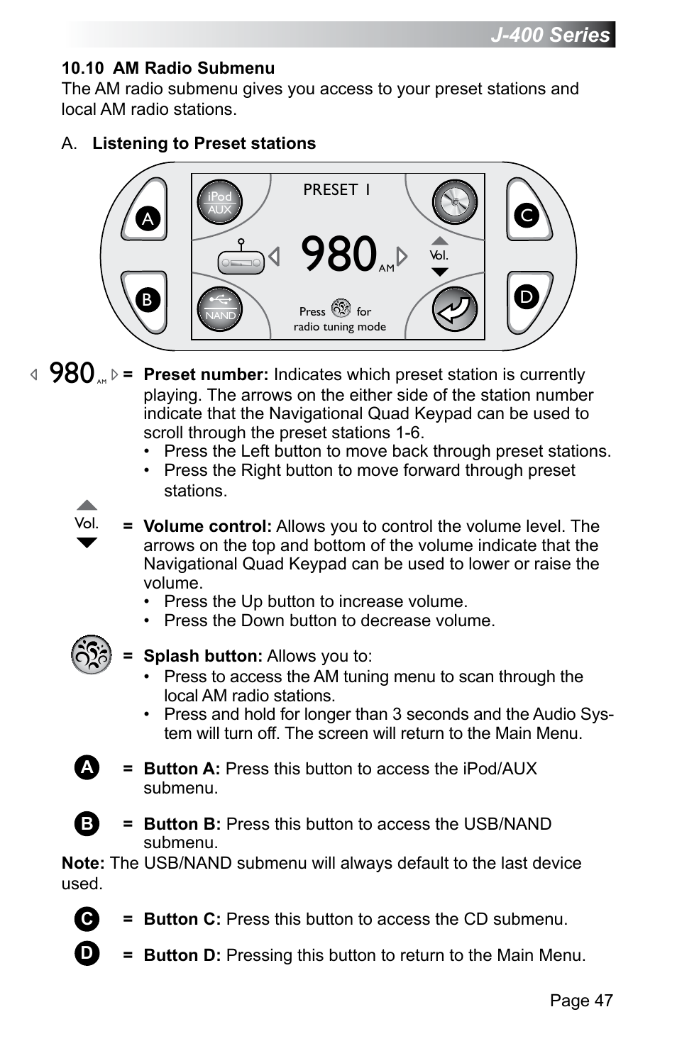 10 am radio submenu, J-400 series | Jacuzzi J - 470 User Manual | Page 53 / 104