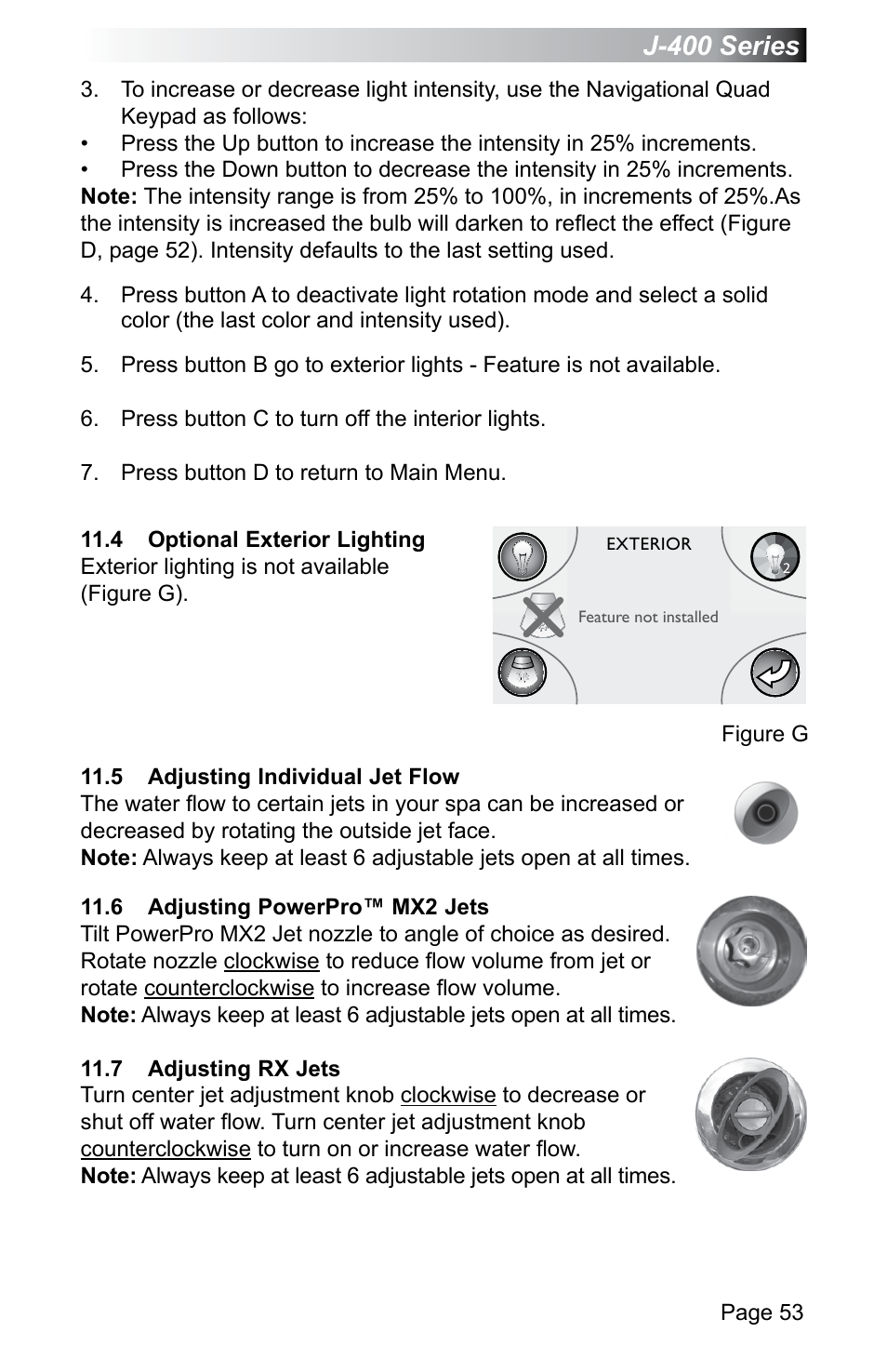 4 optional exterior lighting, 5 adjusting individual jet flow, 6 adjusting powerpro™ mx2 jets | 7 adjusting rx jets, Optional exterior lighting, Adjusting individual jet flow, Adjusting powerpro™ mx2 jets, Adjusting rx jets, J-400 series | Jacuzzi J - 470 User Manual | Page 59 / 104