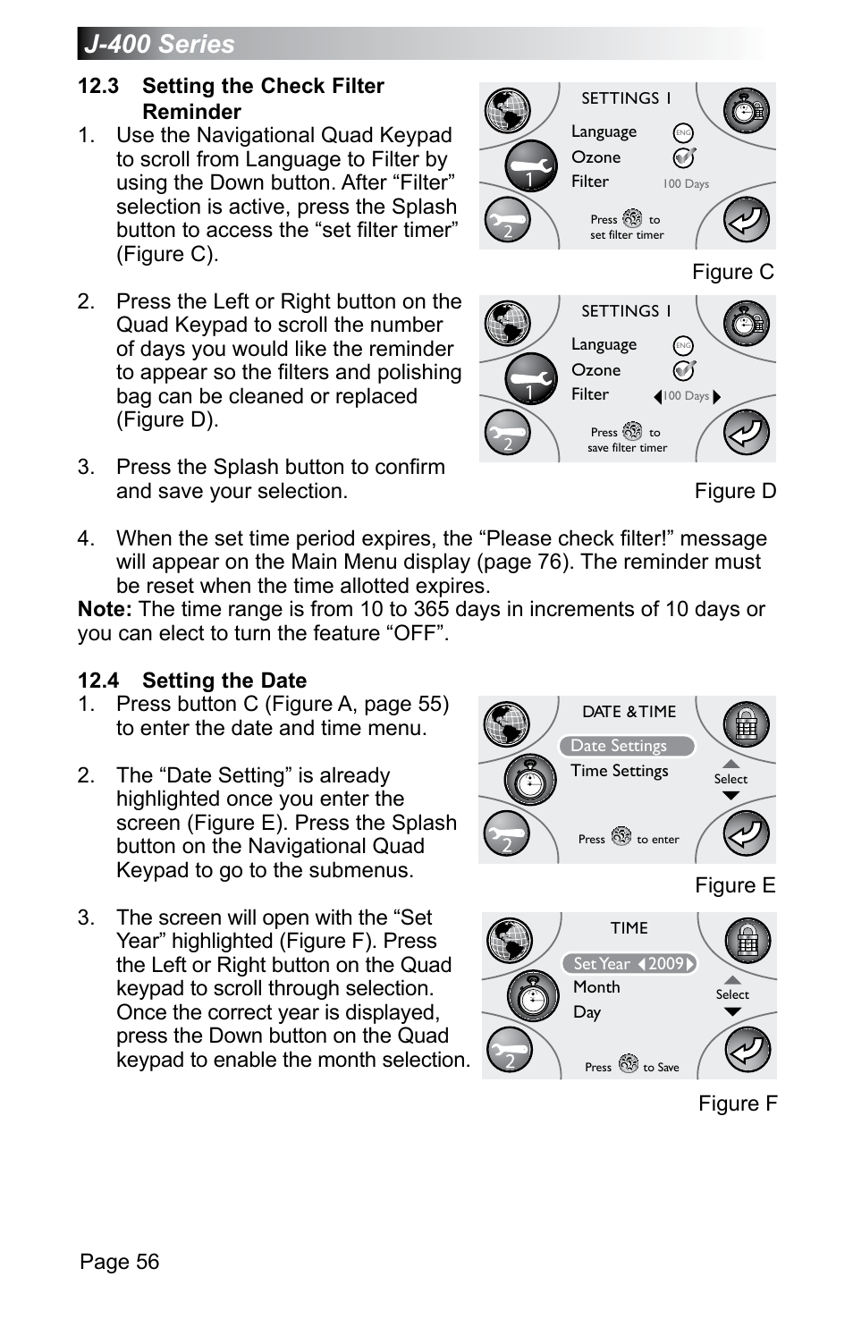 3 setting the check filter reminder, 4 setting the date, J-400 series | Page 56, Figure d, Figure e, Figure f | Jacuzzi J - 470 User Manual | Page 62 / 104