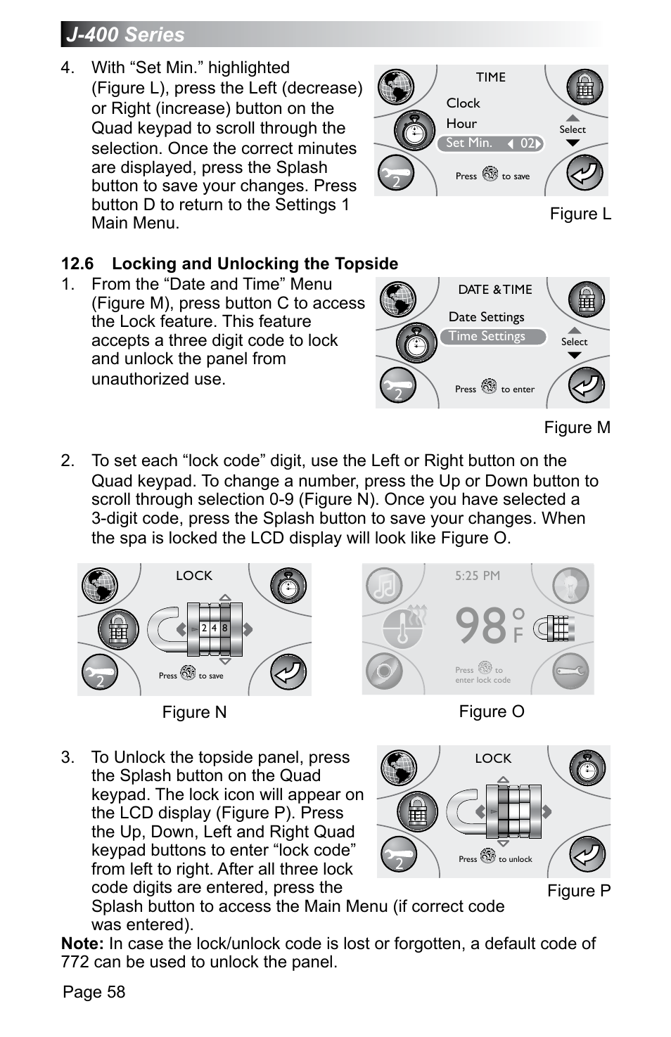 6 locking and unlocking the topside, J-400 series, Page 58 | Figure l figure m, Figure o figure n figure p | Jacuzzi J - 470 User Manual | Page 64 / 104