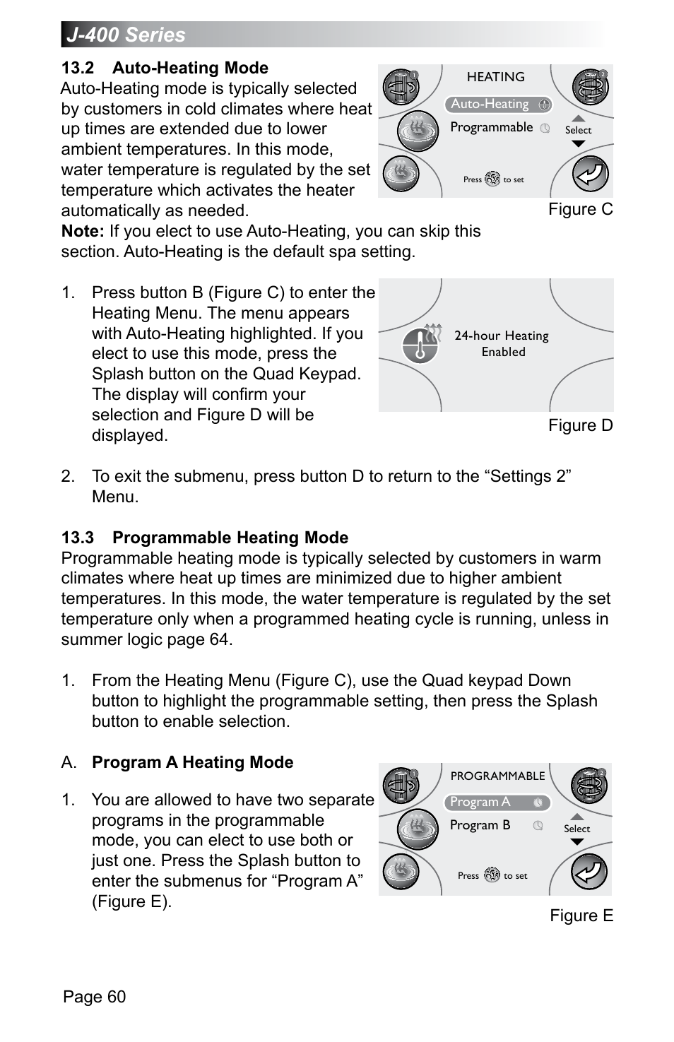 2 auto-heating mode, 3 programmable heating mode, 2 auto-heating mode 13.3 programmable heating mode | J-400 series, Page 60, Figure c, Figure d figure e | Jacuzzi J - 470 User Manual | Page 66 / 104