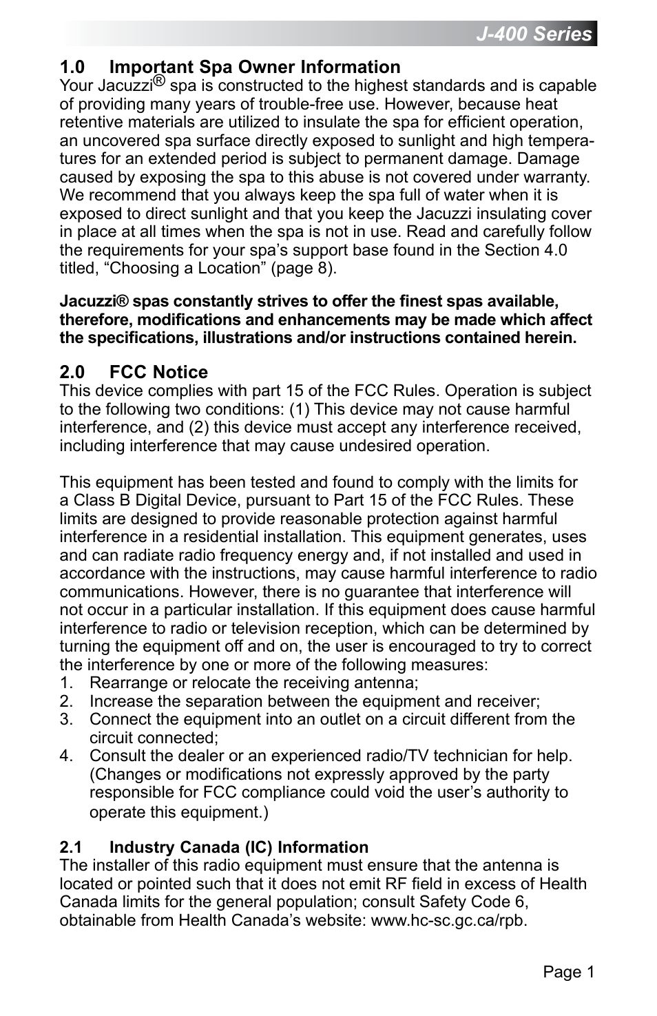 0 important spa owner information, 0 fcc notice, 1 industry canada (ic) information | Important spa owner information, Fcc notice, Industry canada (ic) information, J-400 series | Jacuzzi J - 470 User Manual | Page 7 / 104