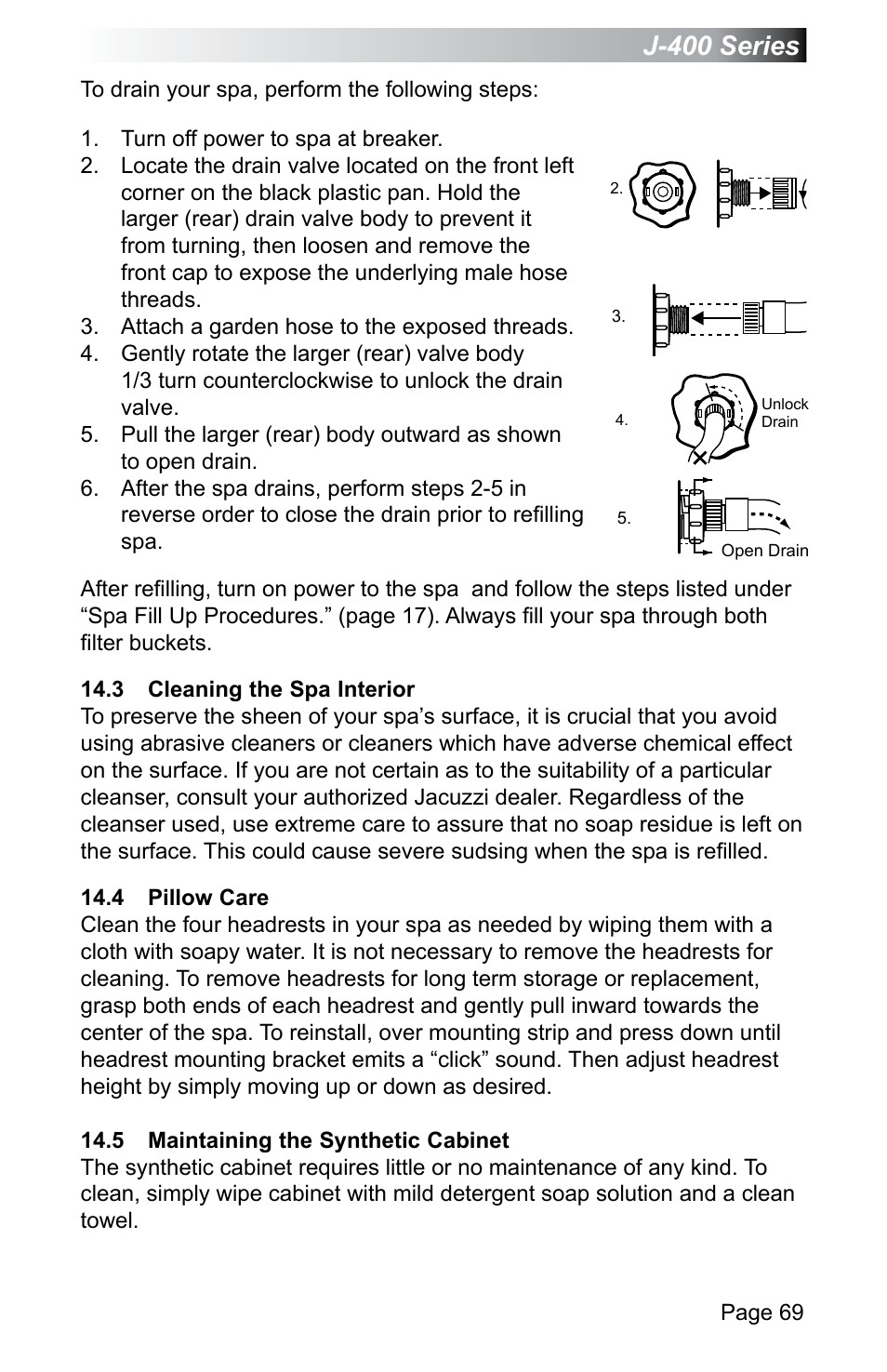 3 cleaning the spa interior, 4 pillow care, 5 maintaining the synthetic cabinet | J-400 series | Jacuzzi J - 470 User Manual | Page 75 / 104
