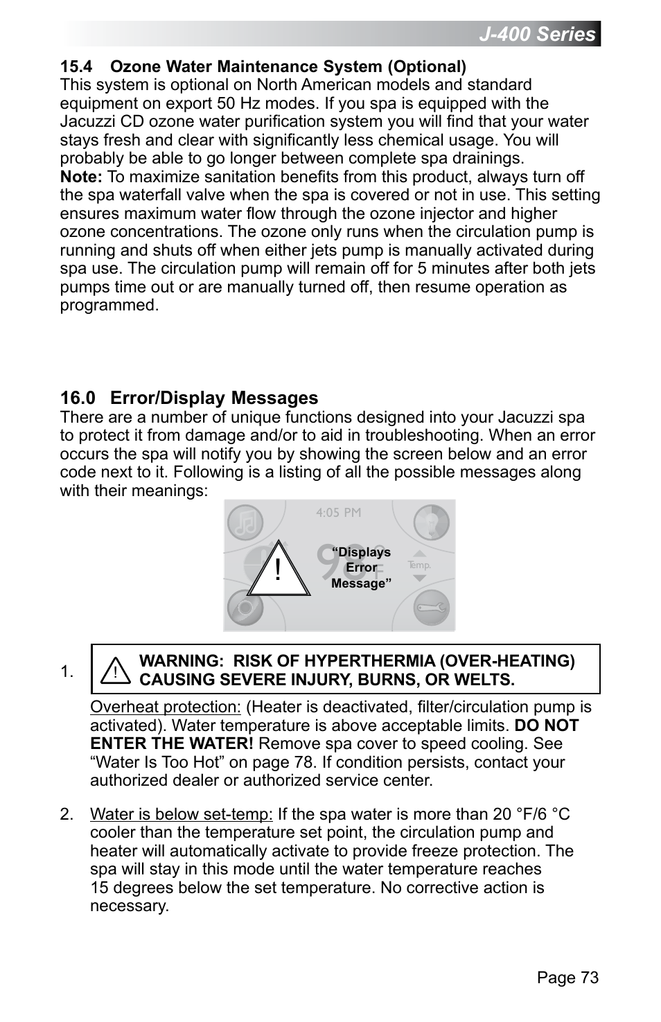 4 ozone water maintenance system (optional), 0 error/display messages | Jacuzzi J - 470 User Manual | Page 79 / 104