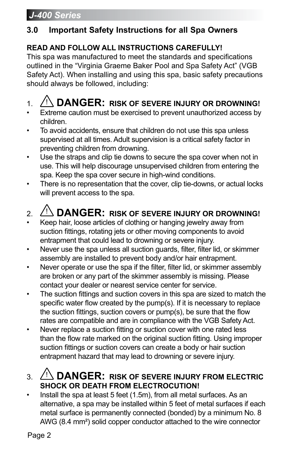 0 important safety instructions for all spa owners, Important safety instructions for all spa owners, Danger | Jacuzzi J - 470 User Manual | Page 8 / 104