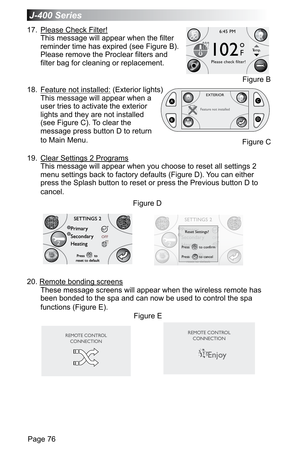 J-400 series, Enjoy, Page 76 | Figure b, Figure c, Figure d, Figure e | Jacuzzi J - 470 User Manual | Page 82 / 104