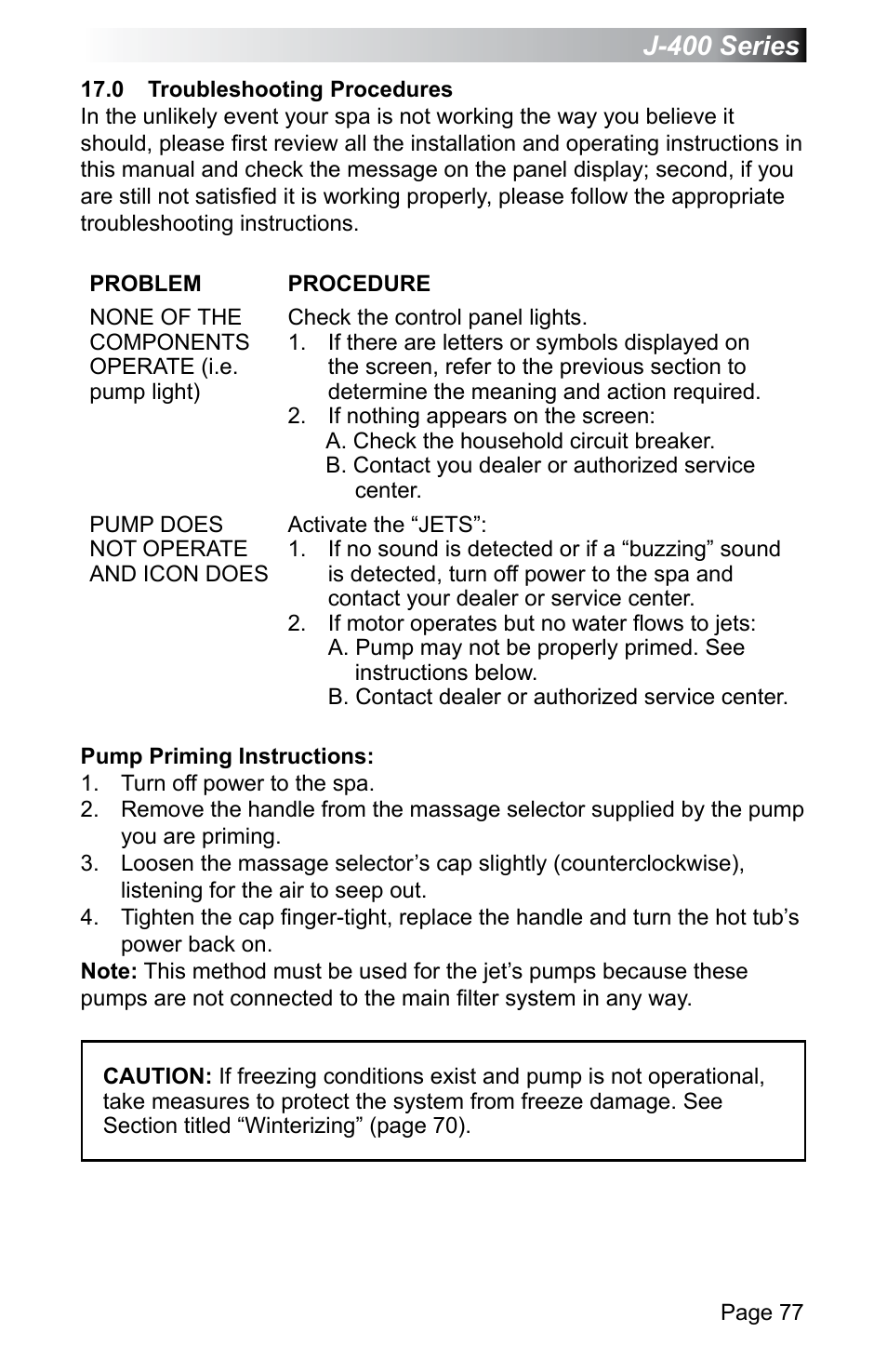 0 troubleshooting procedures, J-400 series | Jacuzzi J - 470 User Manual | Page 83 / 104