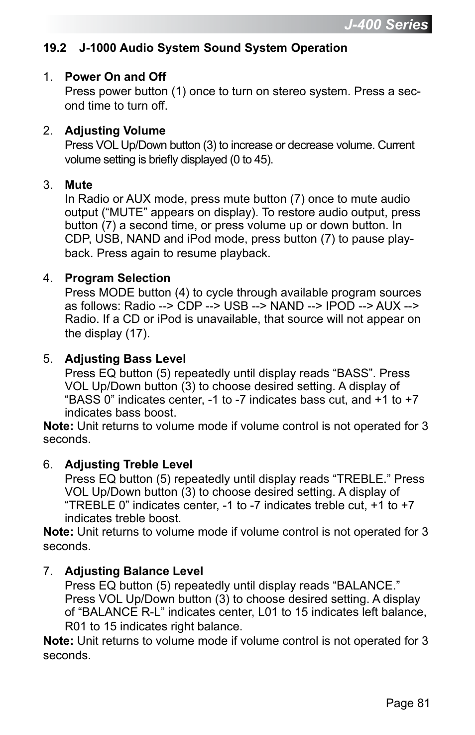 2 j-1000 audio system sound system operation, J-400 series | Jacuzzi J - 470 User Manual | Page 87 / 104
