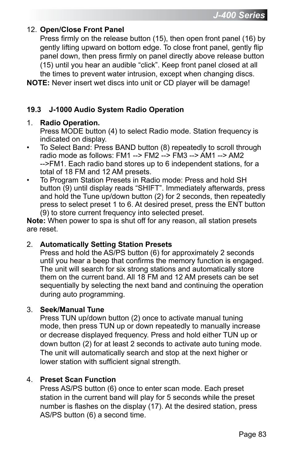 3 j-1000 audio system radio operation, J-400 series | Jacuzzi J - 470 User Manual | Page 89 / 104