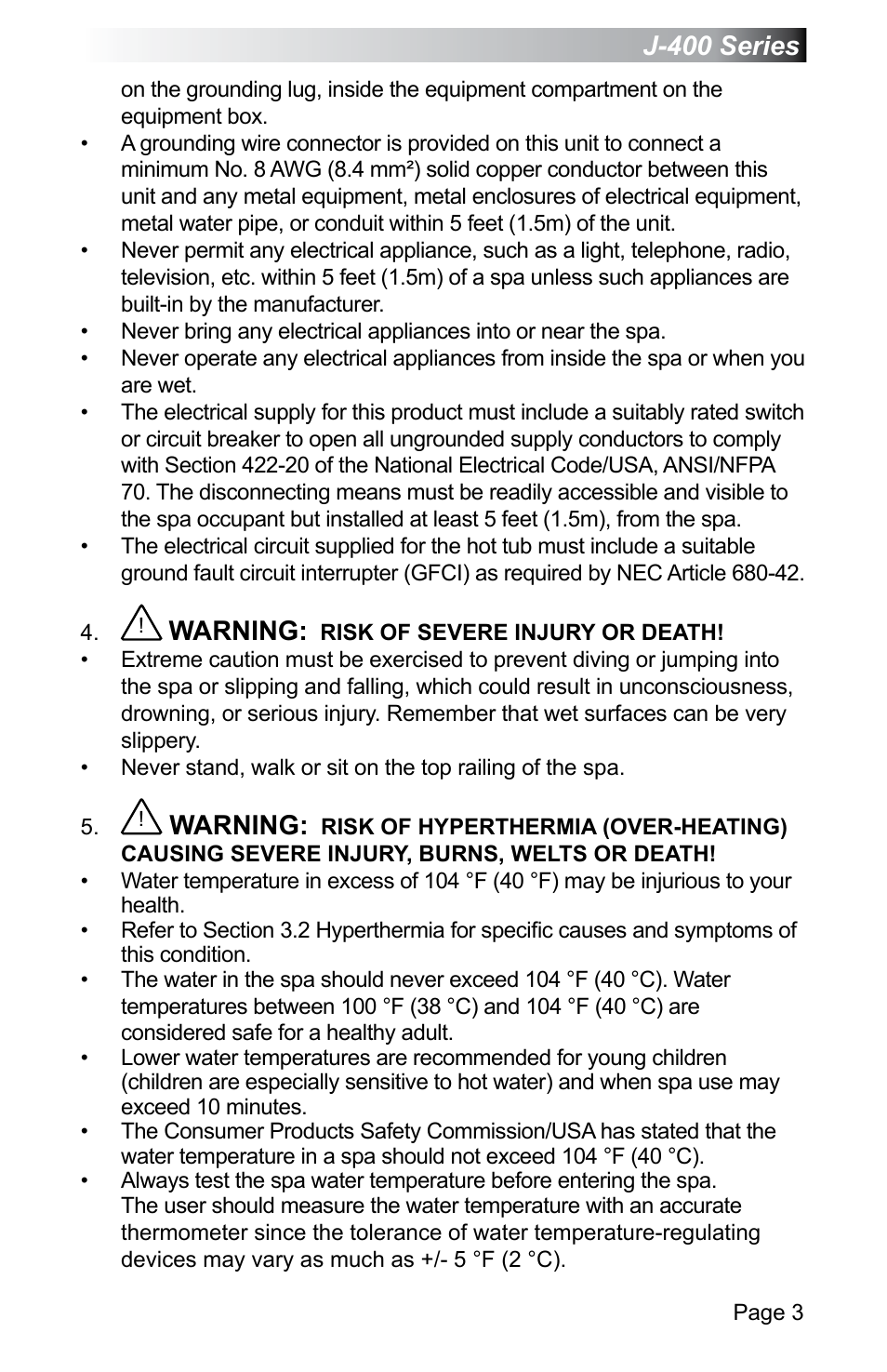 J-400 series, Warning | Jacuzzi J - 470 User Manual | Page 9 / 104