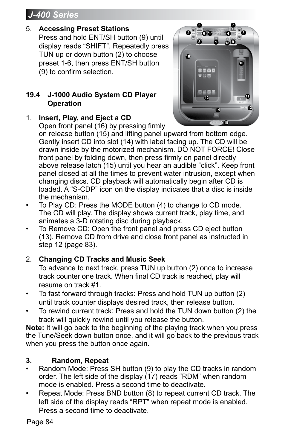 4 j-1000 audio system cd player operation, J-400 series, Page 84 | Jacuzzi J - 470 User Manual | Page 90 / 104