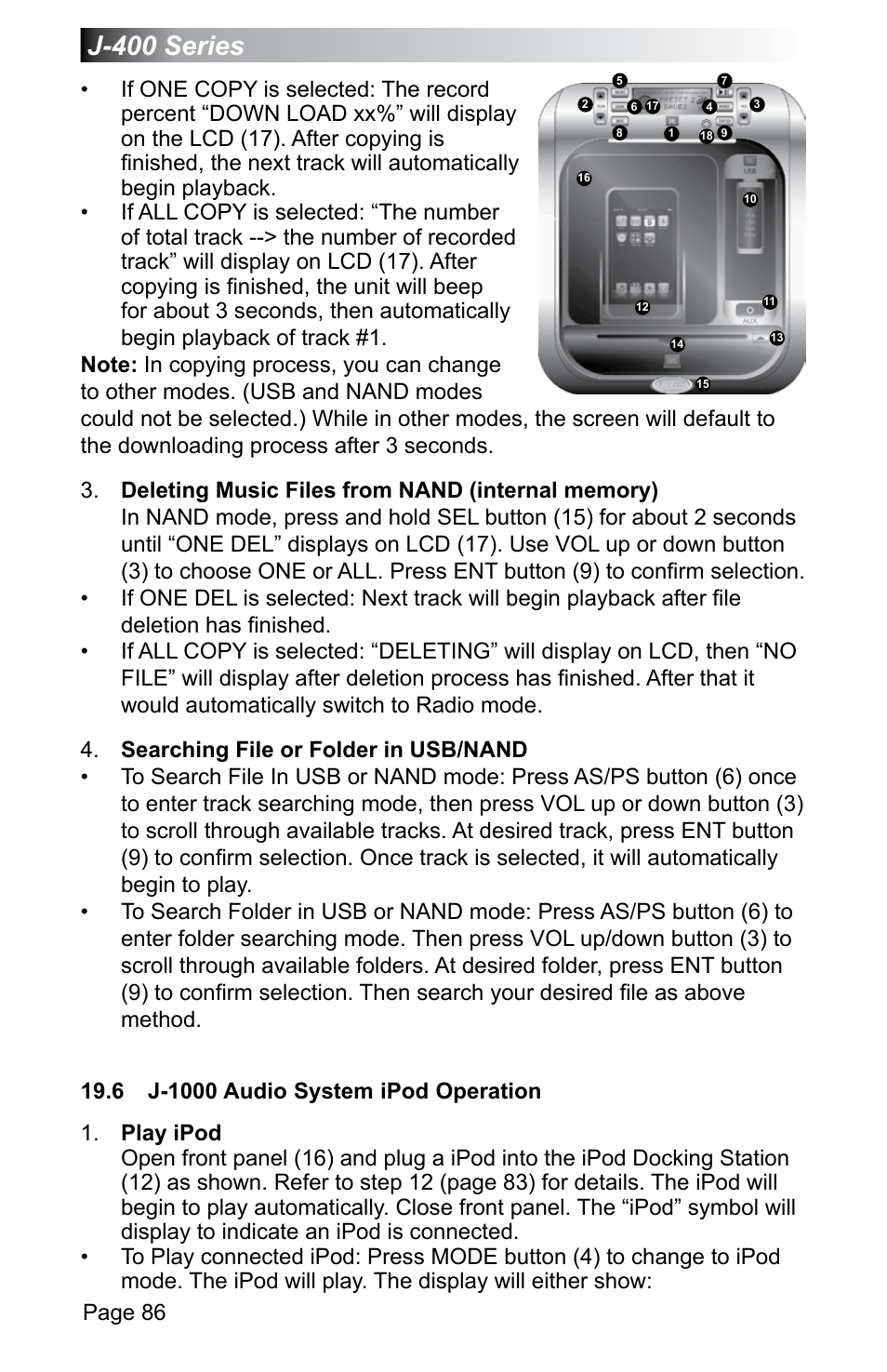 6 j-1000 audio system ipod operation, J-400 series, Page 86 | Jacuzzi J - 470 User Manual | Page 92 / 104