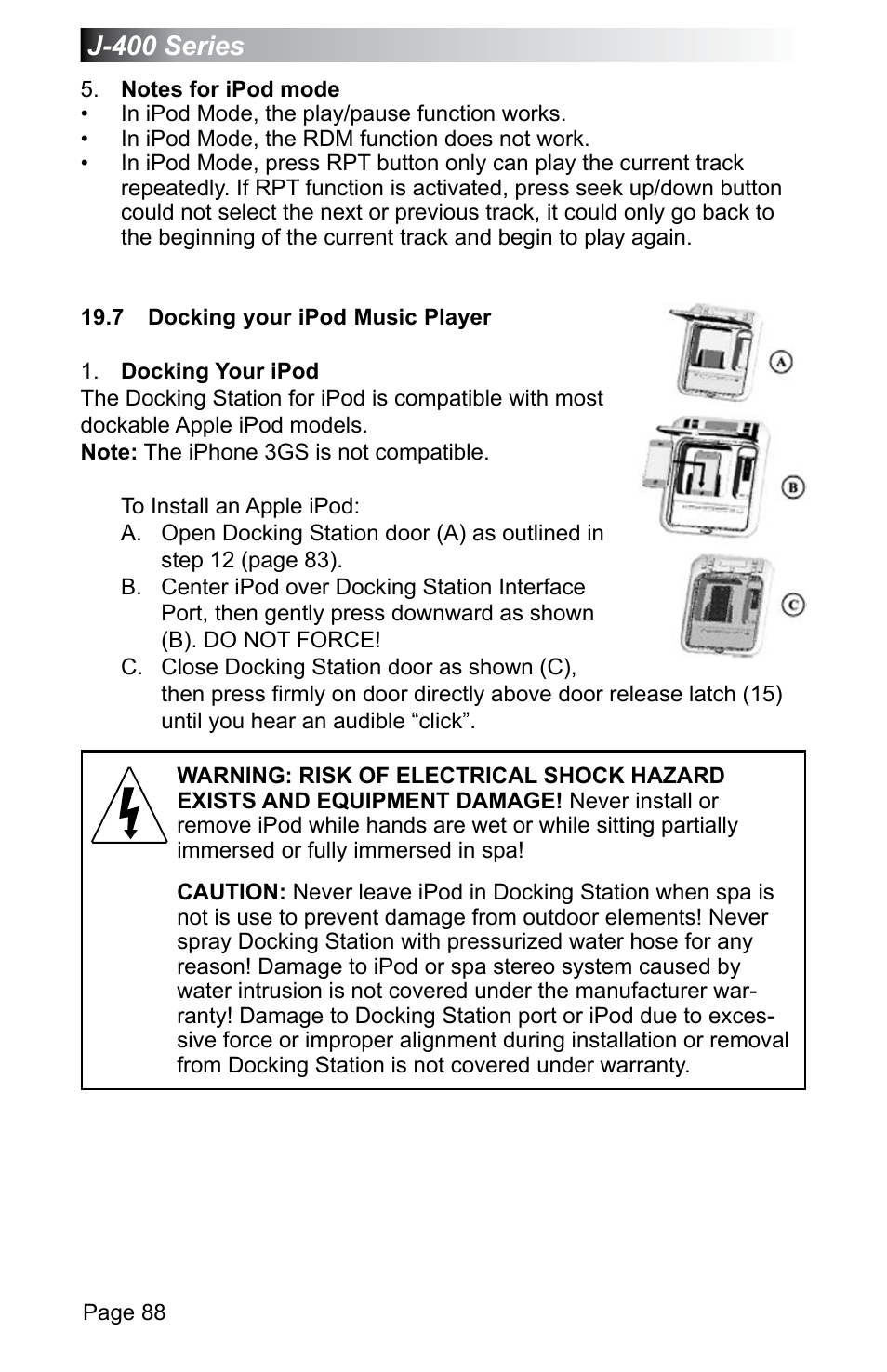 7 docking your ipod music player, J-400 series | Jacuzzi J - 470 User Manual | Page 94 / 104
