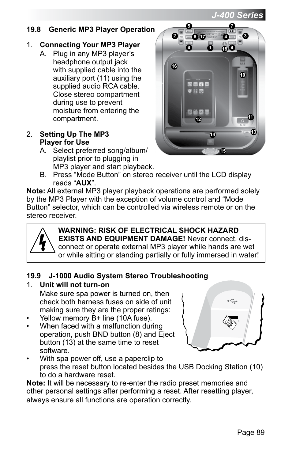 8 generic mp3 player operation, 9 j-1000 audio system stereo troubleshooting, J-400 series | Jacuzzi J - 470 User Manual | Page 95 / 104