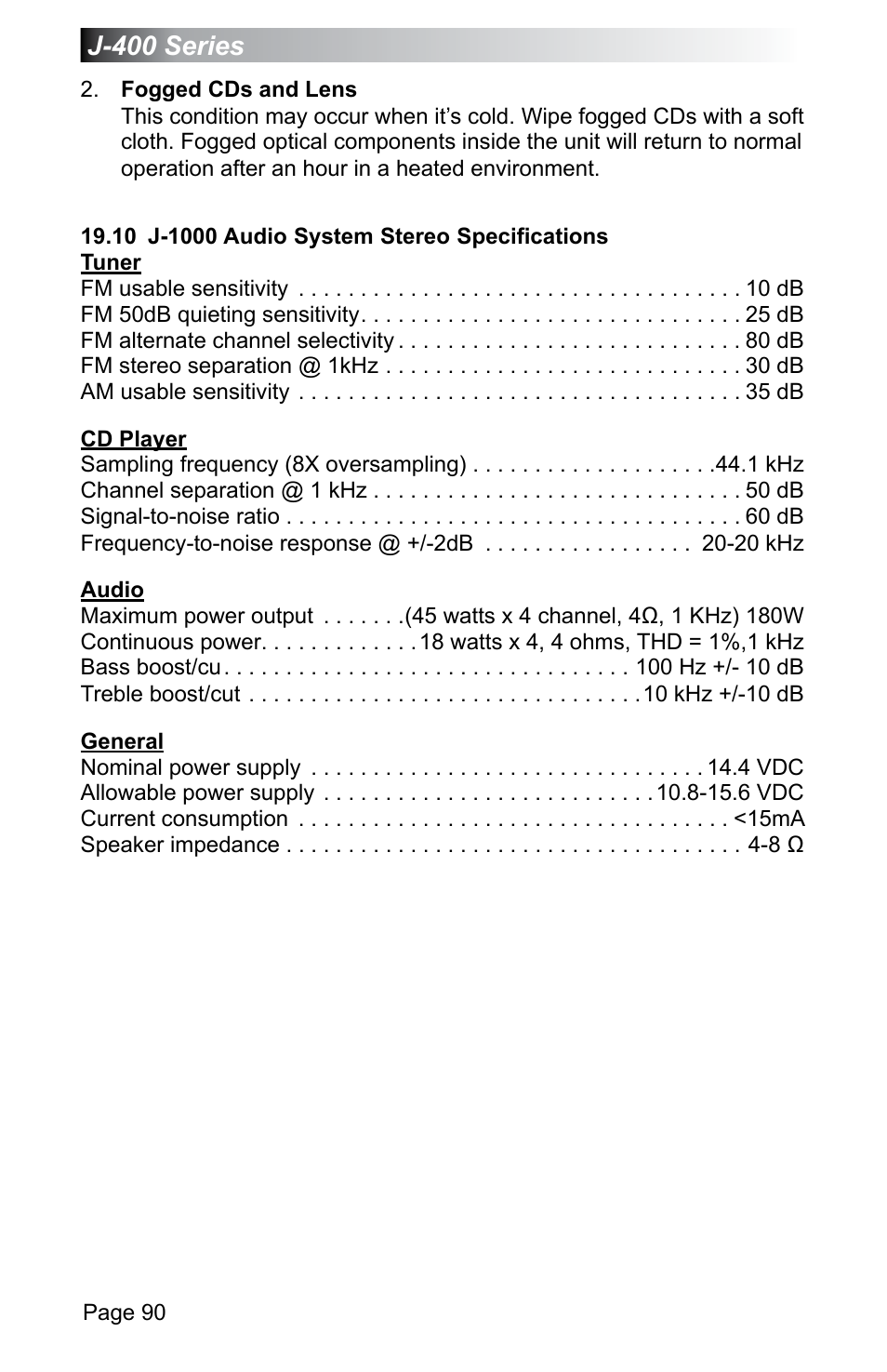 10 j-1000 audio system stereo specifications, J-400 series | Jacuzzi J - 470 User Manual | Page 96 / 104