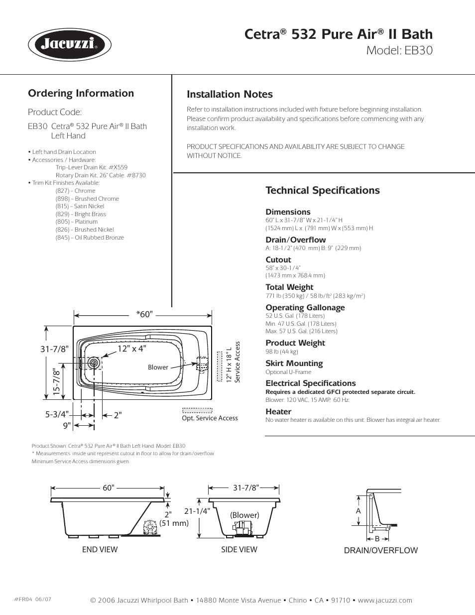 Cetra® 532 pure air® ii bath, Model: eb30, Ordering information | Technical speciﬁ cations, Cetra® 532, left hand air bath | Jacuzzi Cetra EB30-LH User Manual | Page 2 / 2