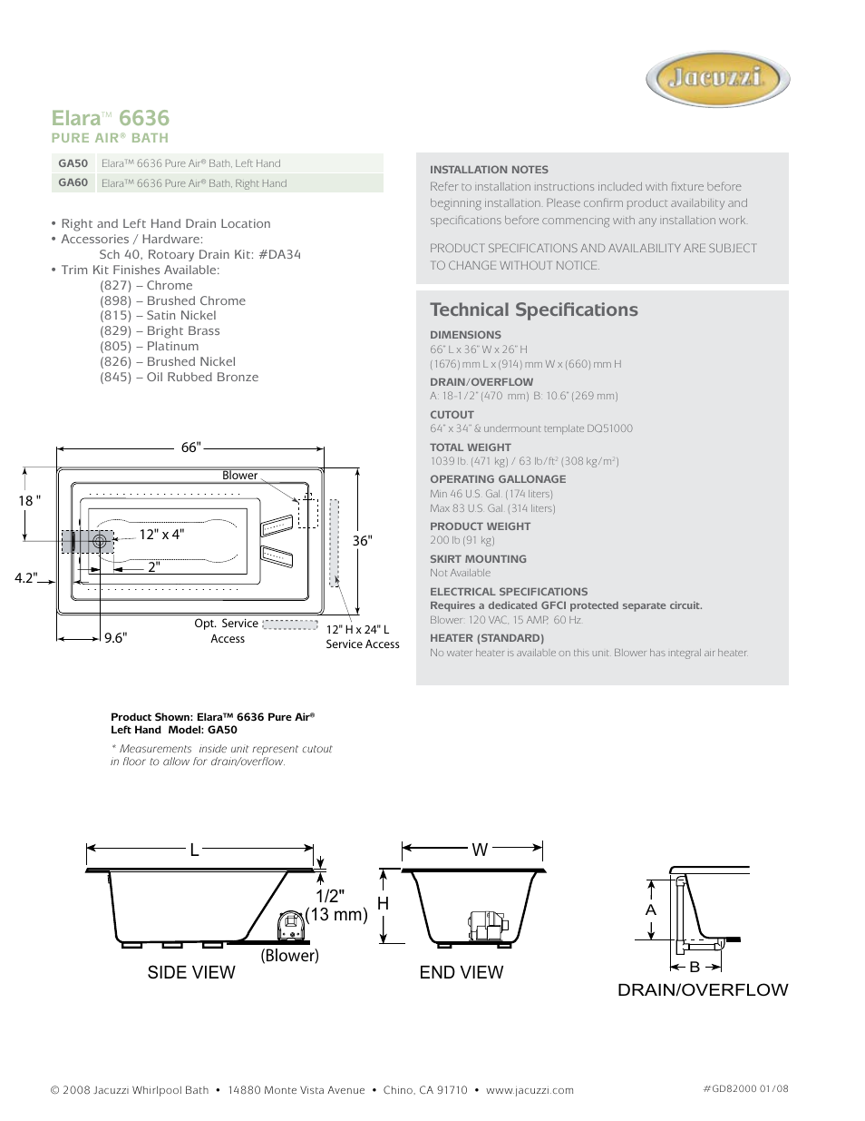 Elara, Technical specifications, End view h w side view l 1/2" (13 mm) (blower) | Elara™ 6636 | Jacuzzi Elara GA60 User Manual | Page 2 / 2