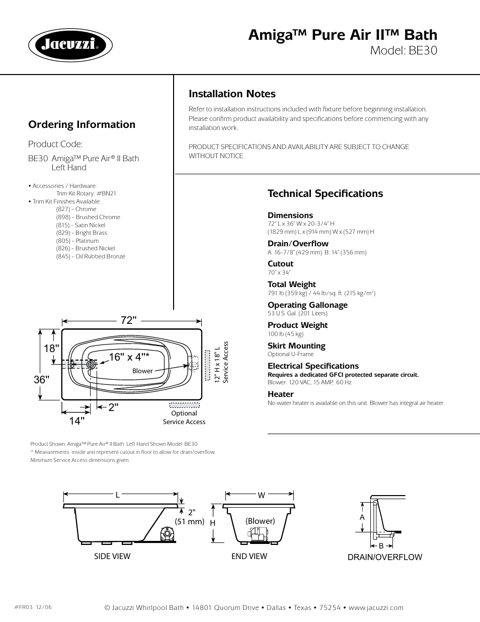 Amiga™ pure air ii™ bath, Model: be30, Ordering information | Technical specifications | Jacuzzi Amiga BE30-LH User Manual | Page 2 / 2