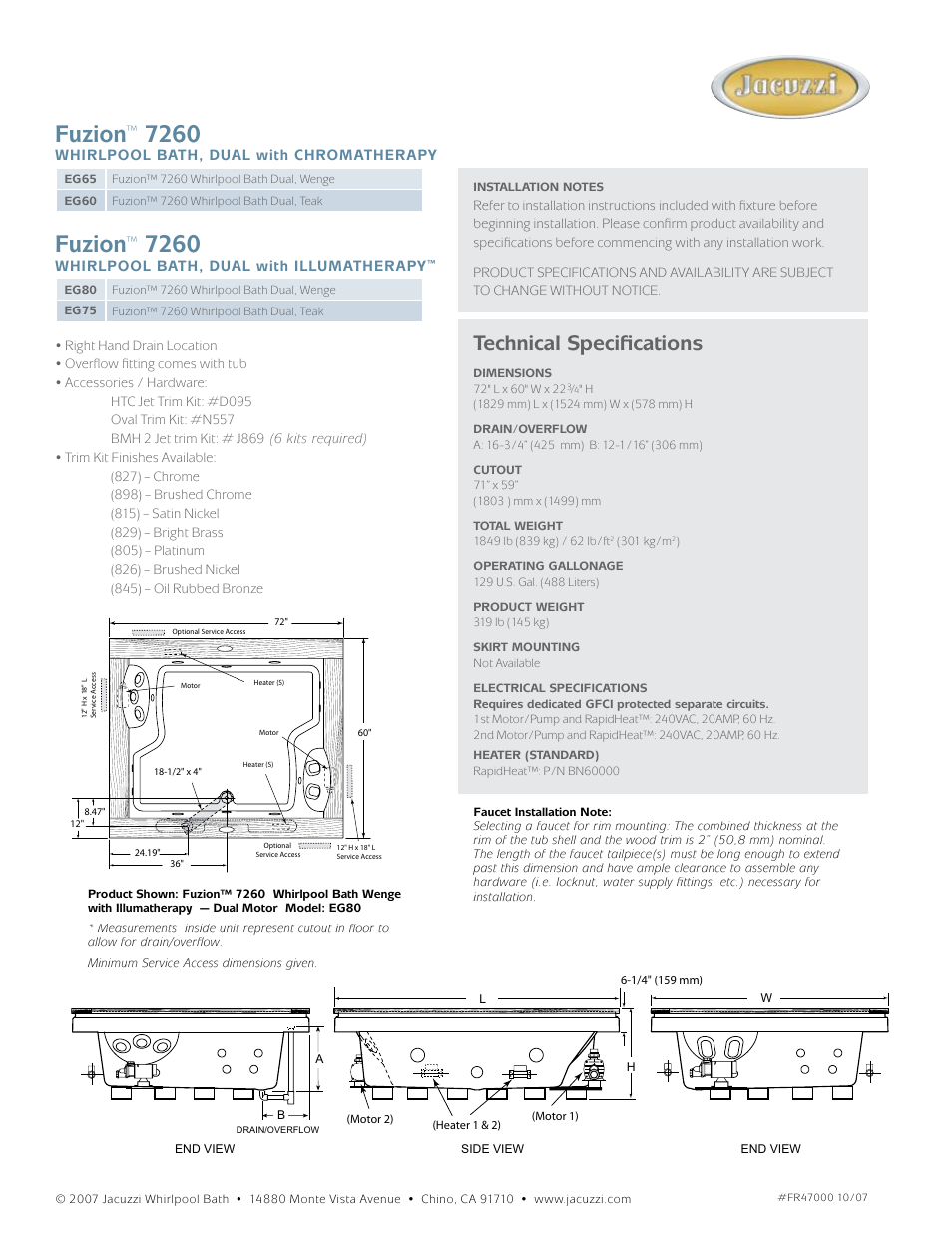 Fuzion, Technical specifications | Jacuzzi Fuzion EG80 User Manual | Page 2 / 2