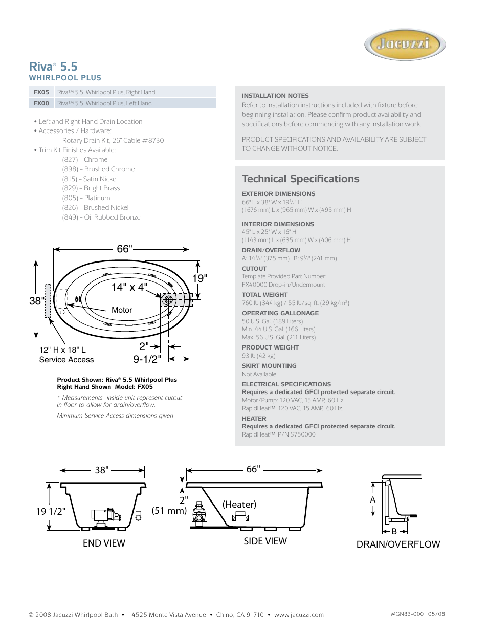 Riva, Technical specifications, Drain/overflow | Jacuzzi FX05 User Manual | Page 2 / 2