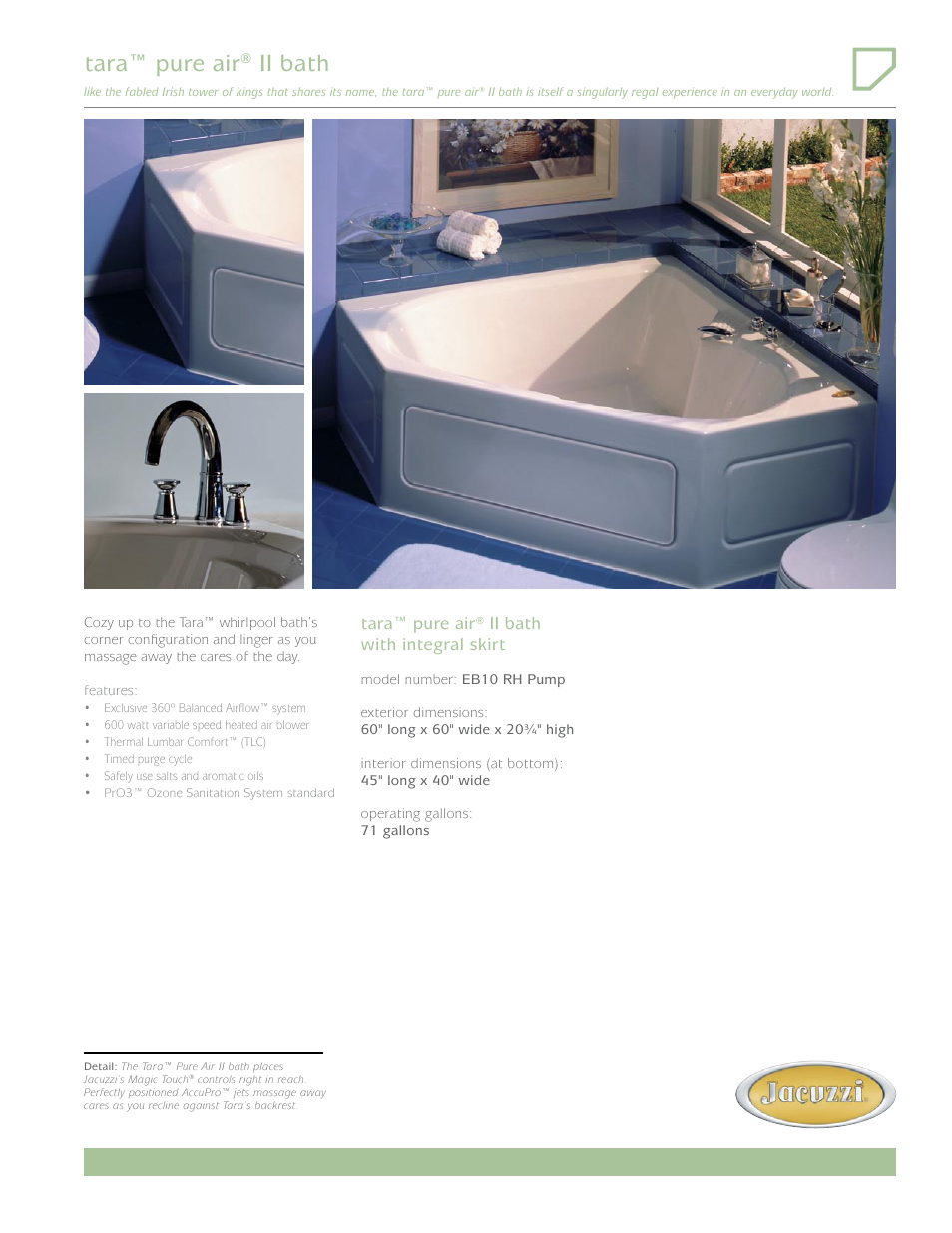 Jacuzzi Tara Pure Air II Bath EB10 User Manual | 2 pages