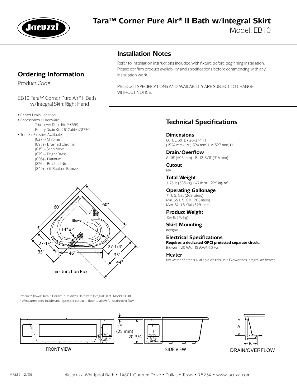 Tara™ corner pure air® ii bath w/integral skirt, Model: eb10, Ordering information | Technical specifications, Product code | Jacuzzi Tara Pure Air II Bath EB10 User Manual | Page 2 / 2
