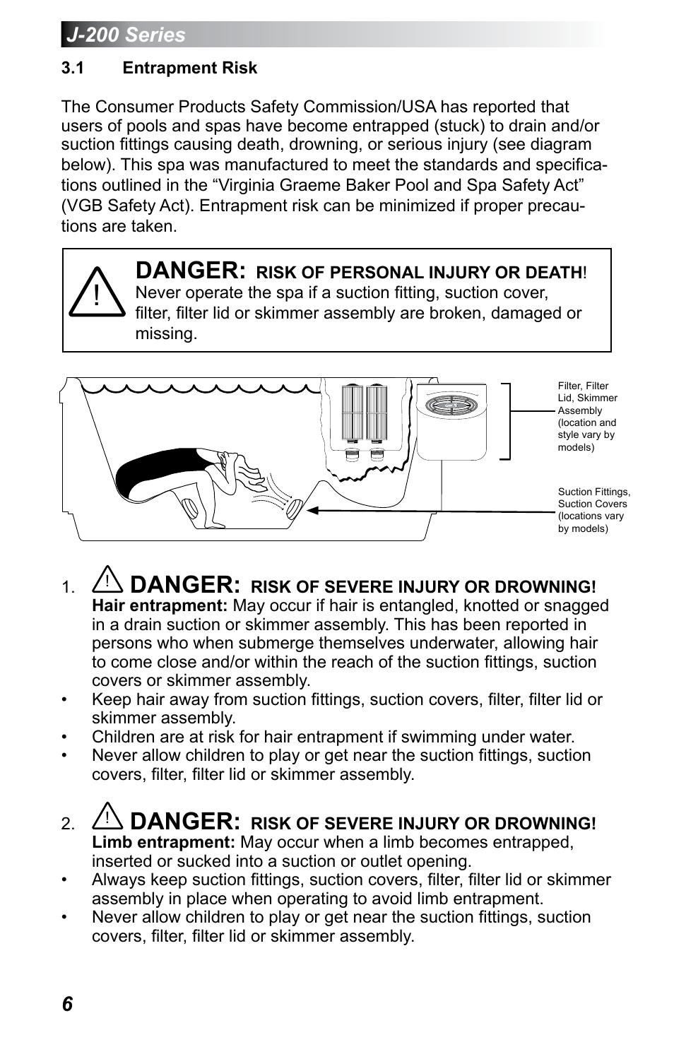 1 entrapment risk, Entrapment risk, Danger | J-200 series | Jacuzzi J - 200 J - 230 User Manual | Page 10 / 64