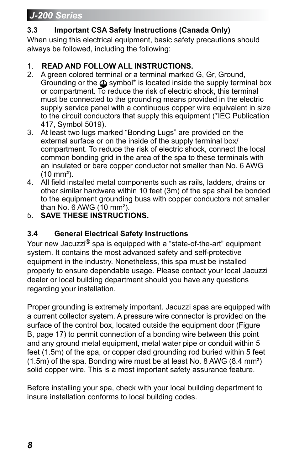 3 important csa safety instructions (canada only), 4 general electrical safety instructions, Important csa safety instructions (canada only) | General electrical safety instructions, J-200 series | Jacuzzi J - 200 J - 230 User Manual | Page 12 / 64