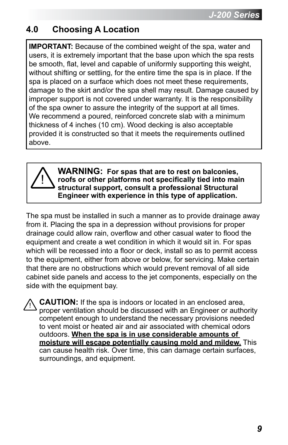 0 choosing a location | Jacuzzi J - 200 J - 230 User Manual | Page 13 / 64