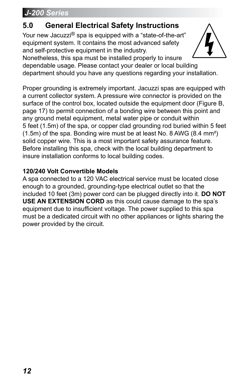 0 general electrical safety instructions | Jacuzzi J - 200 J - 230 User Manual | Page 16 / 64