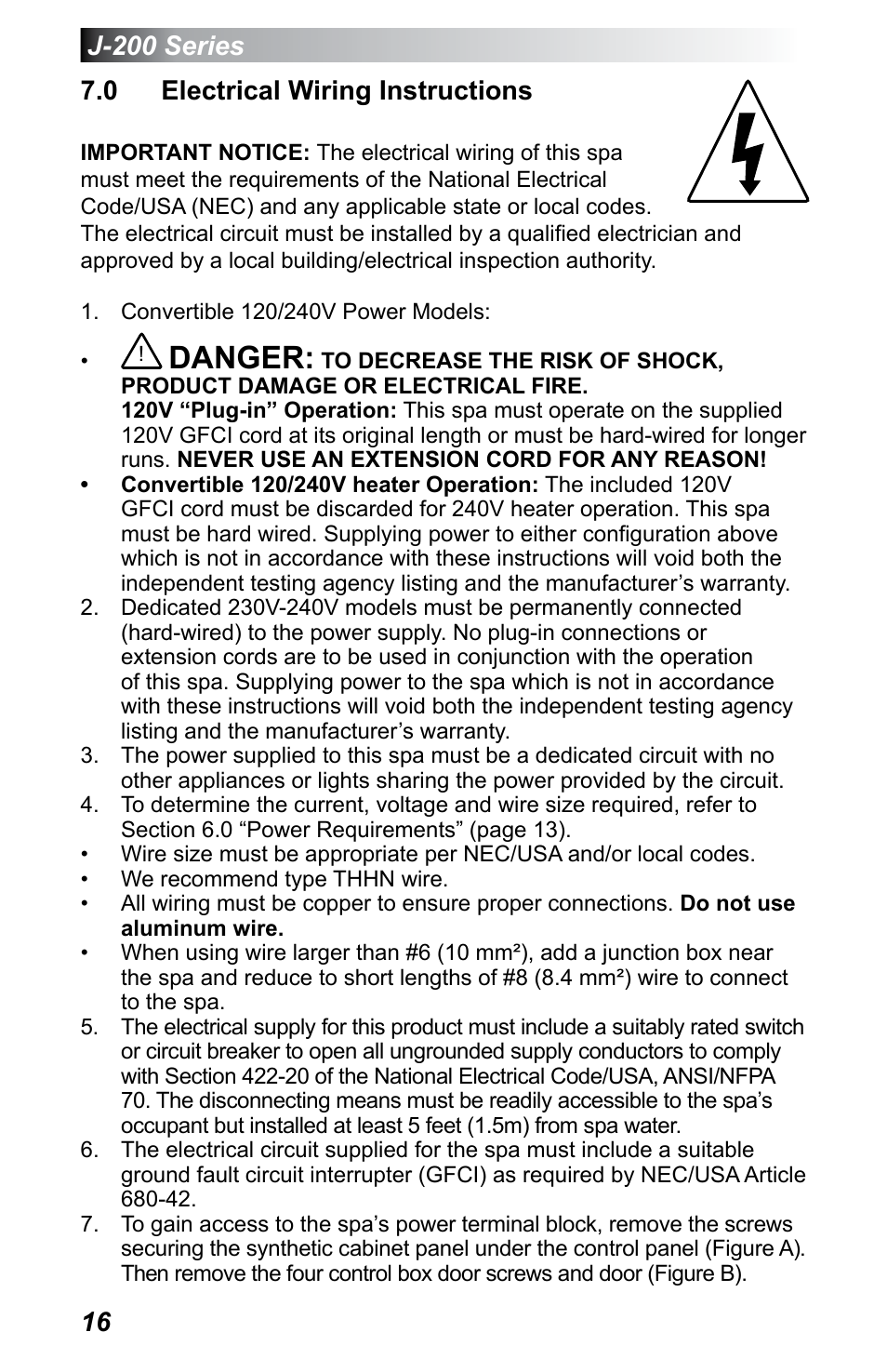 0 electrical wiring instructions, Danger | Jacuzzi J - 200 J - 230 User Manual | Page 20 / 64