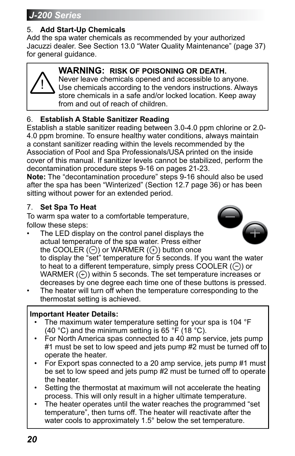 J-200 series, Warning | Jacuzzi J - 200 J - 230 User Manual | Page 24 / 64