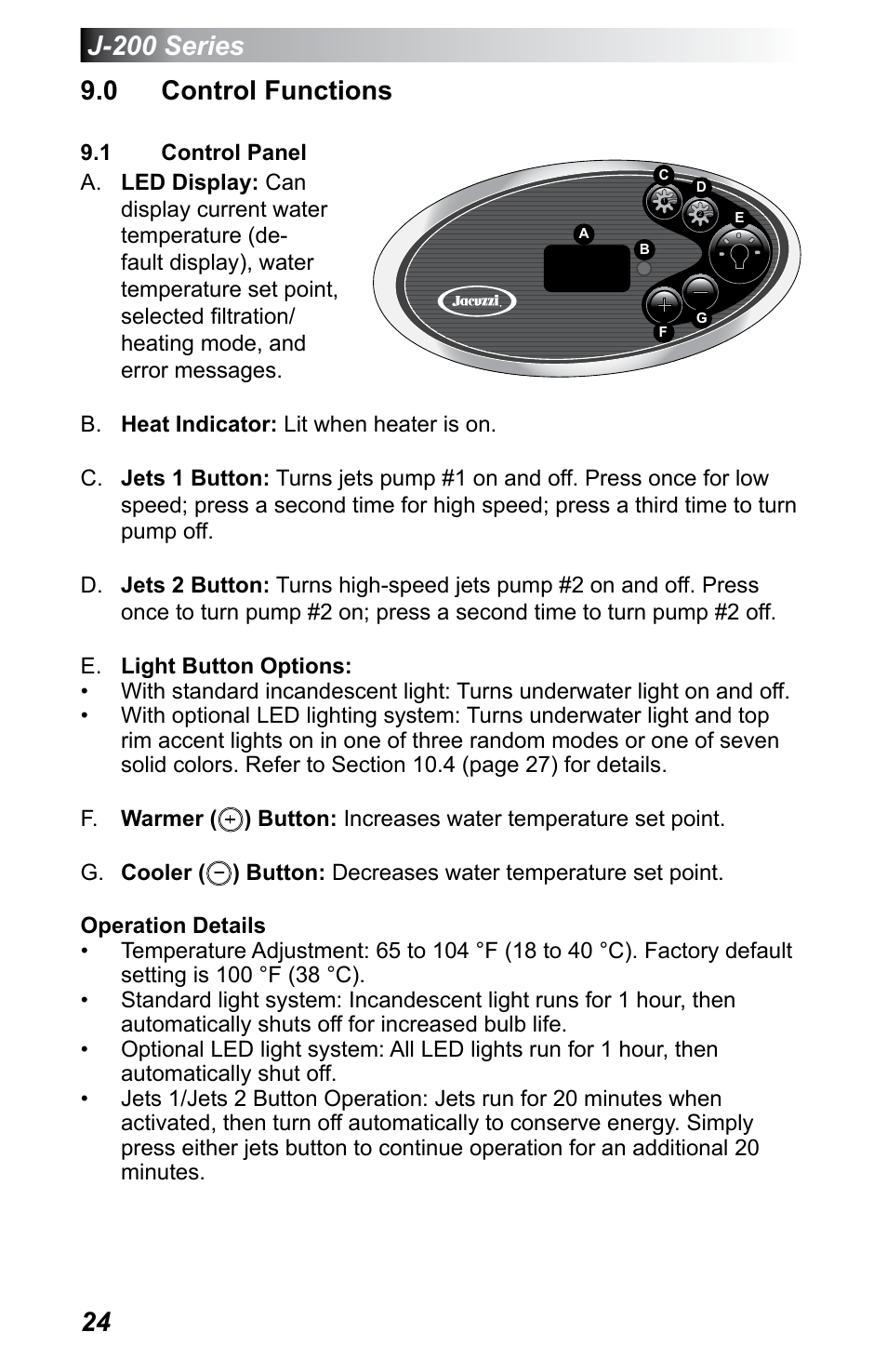 0 control functions, 1 control panel, Control panel | Jacuzzi J - 200 J - 230 User Manual | Page 28 / 64
