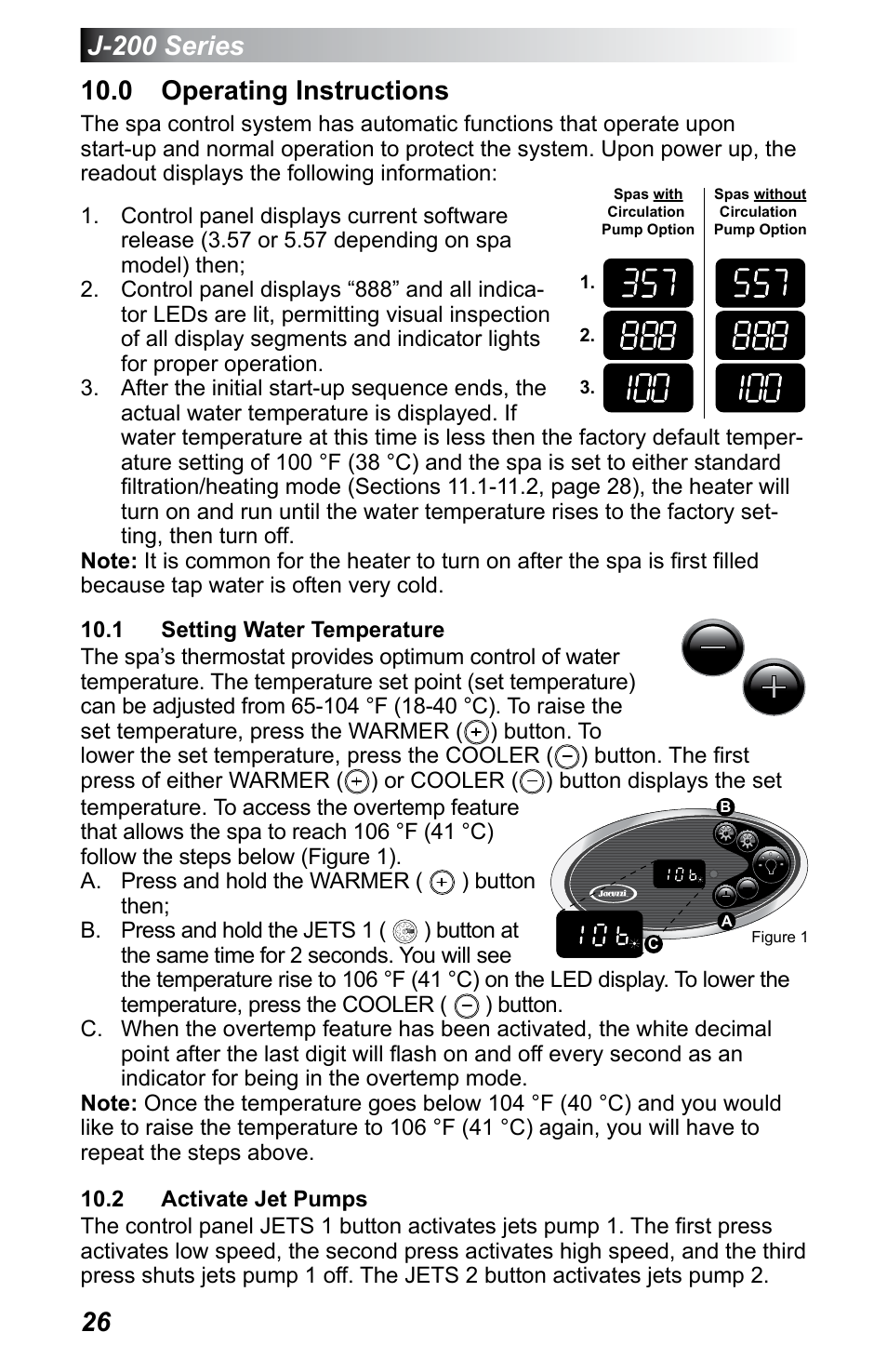 0 operating instructions, 1 setting water temperature, 2 activate jet pumps | Jacuzzi J - 200 J - 230 User Manual | Page 30 / 64
