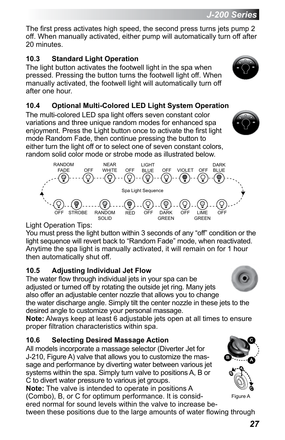 3 standard light operation, 5 adjusting individual jet flow, 6 selecting desired massage action | J-200 series | Jacuzzi J - 200 J - 230 User Manual | Page 31 / 64