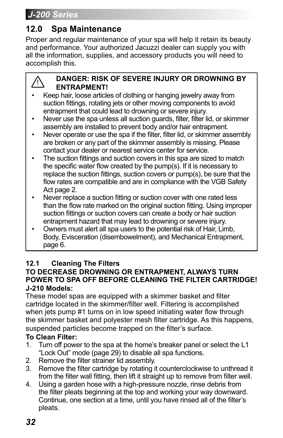 0 spa maintenance, 1 cleaning the filters | Jacuzzi J - 200 J - 230 User Manual | Page 36 / 64