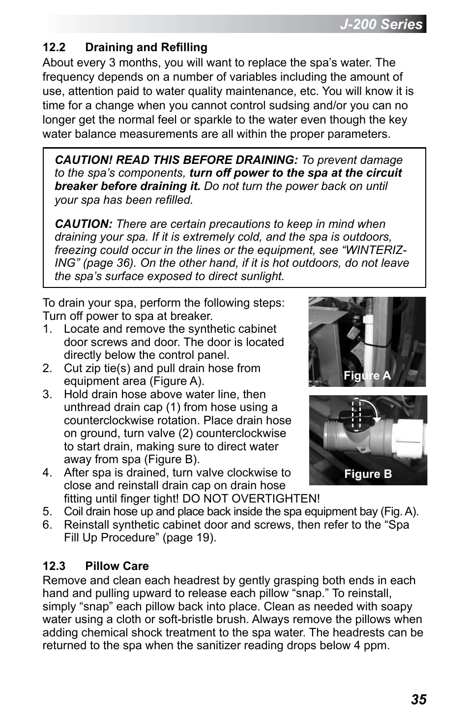 2 draining and refilling, 3 pillow care, J-200 series | Jacuzzi J - 200 J - 230 User Manual | Page 39 / 64